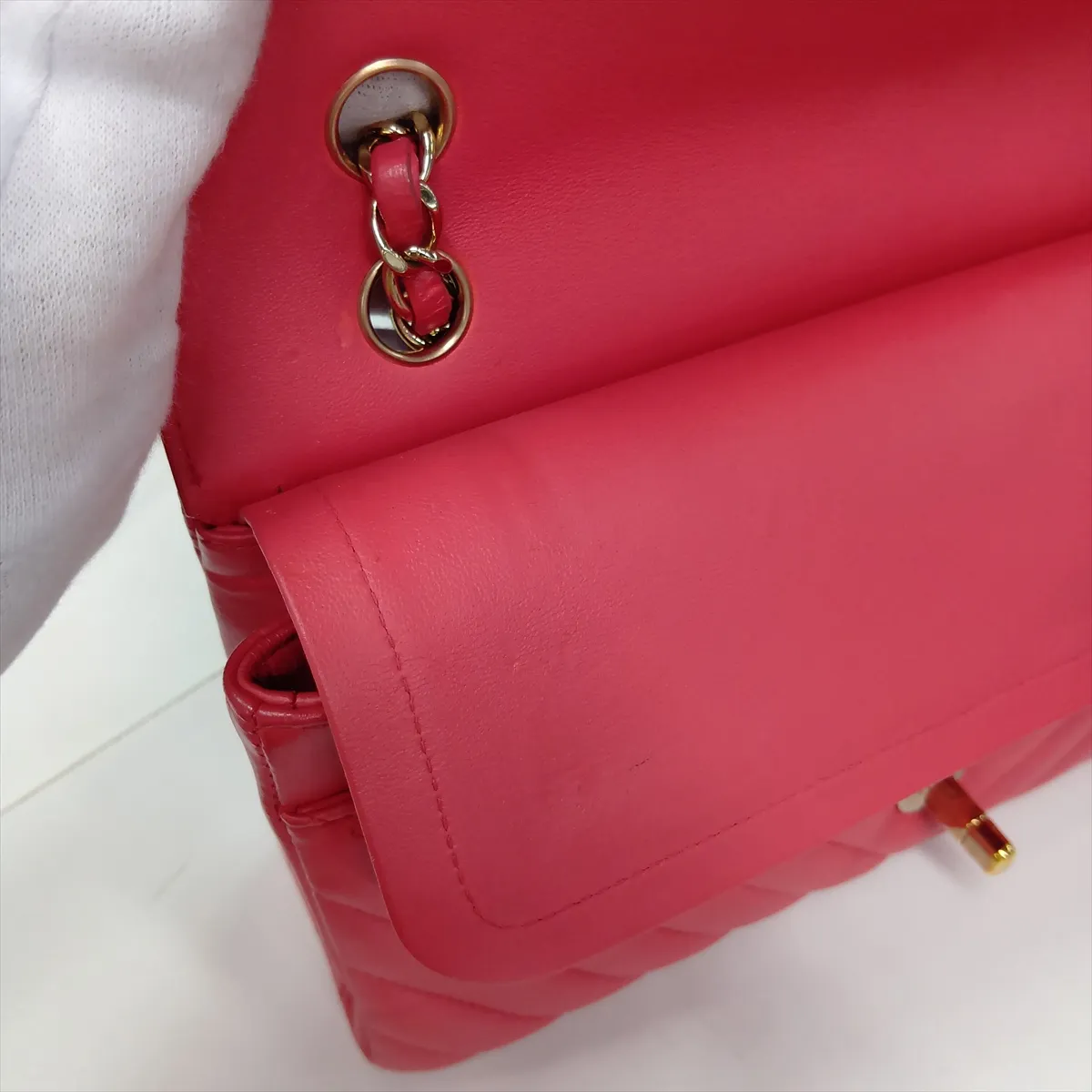 Chevron Lambskin Double Flap Double Chain Bag, V-stitch, Pink, Gold Hardware, 27171399, Serial Number 27 — view 13