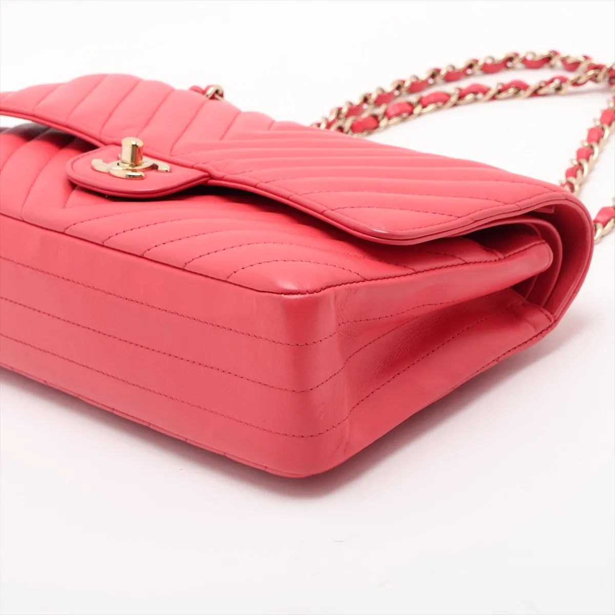 Chevron Lambskin Double Flap Double Chain Bag, V-stitch, Pink, Gold Hardware, 27171399, Serial Number 27 — view 3