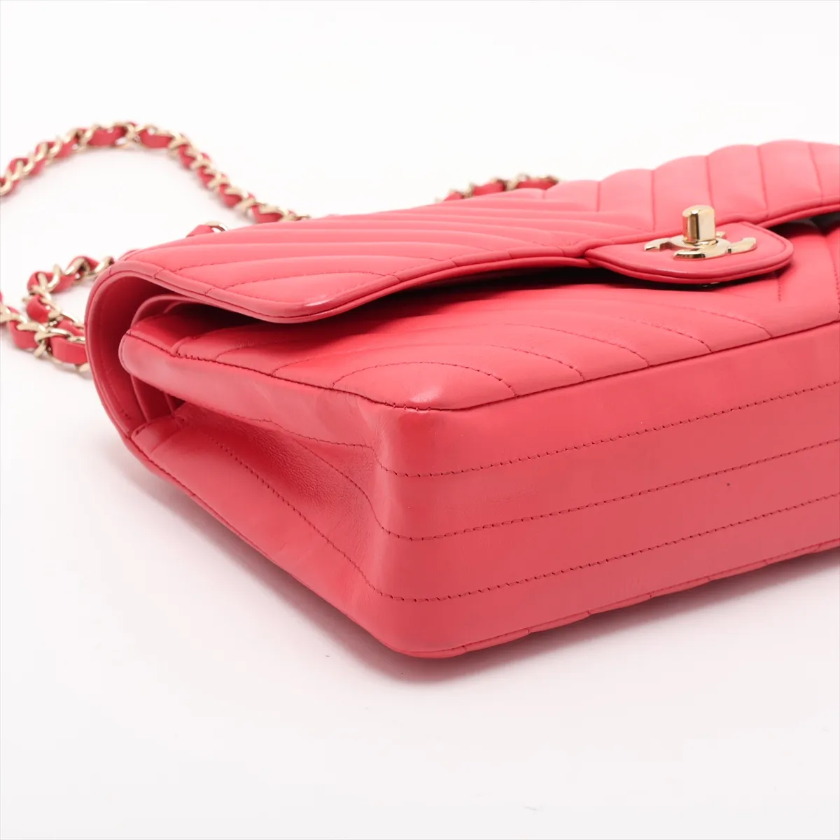 Chevron Lambskin Double Flap Double Chain Bag, V-stitch, Pink, Gold Hardware, 27171399, Serial Number 27 — view 4