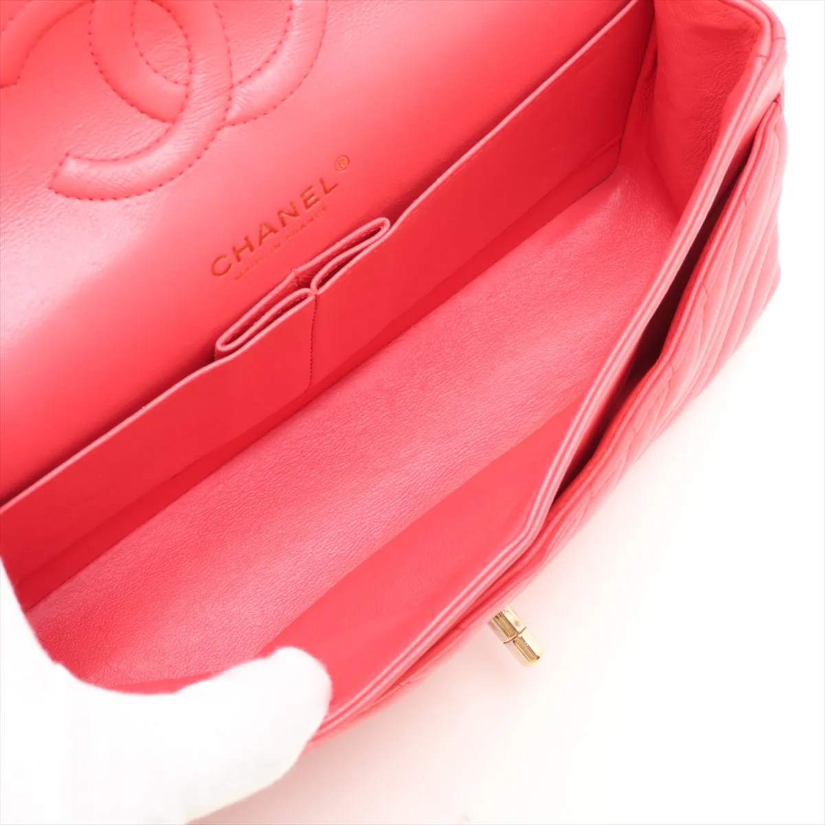 Chevron Lambskin Double Flap Double Chain Bag, V-stitch, Pink, Gold Hardware, 27171399, Serial Number 27 — view 7