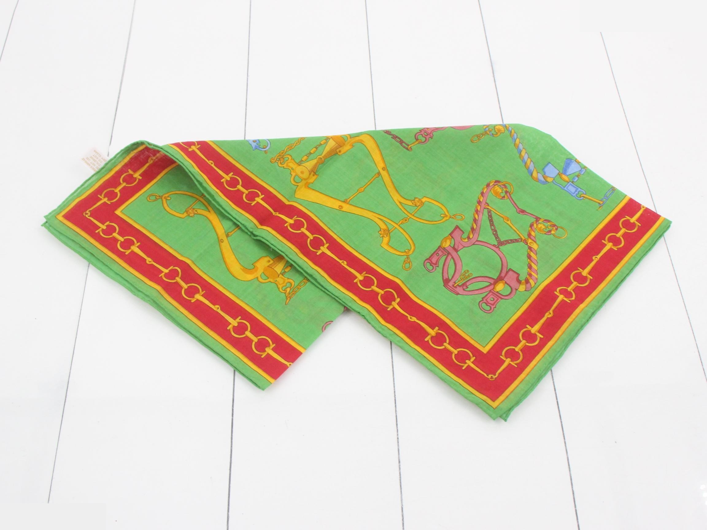 equestrian-themed mini scarf, green, cotton. — view 2