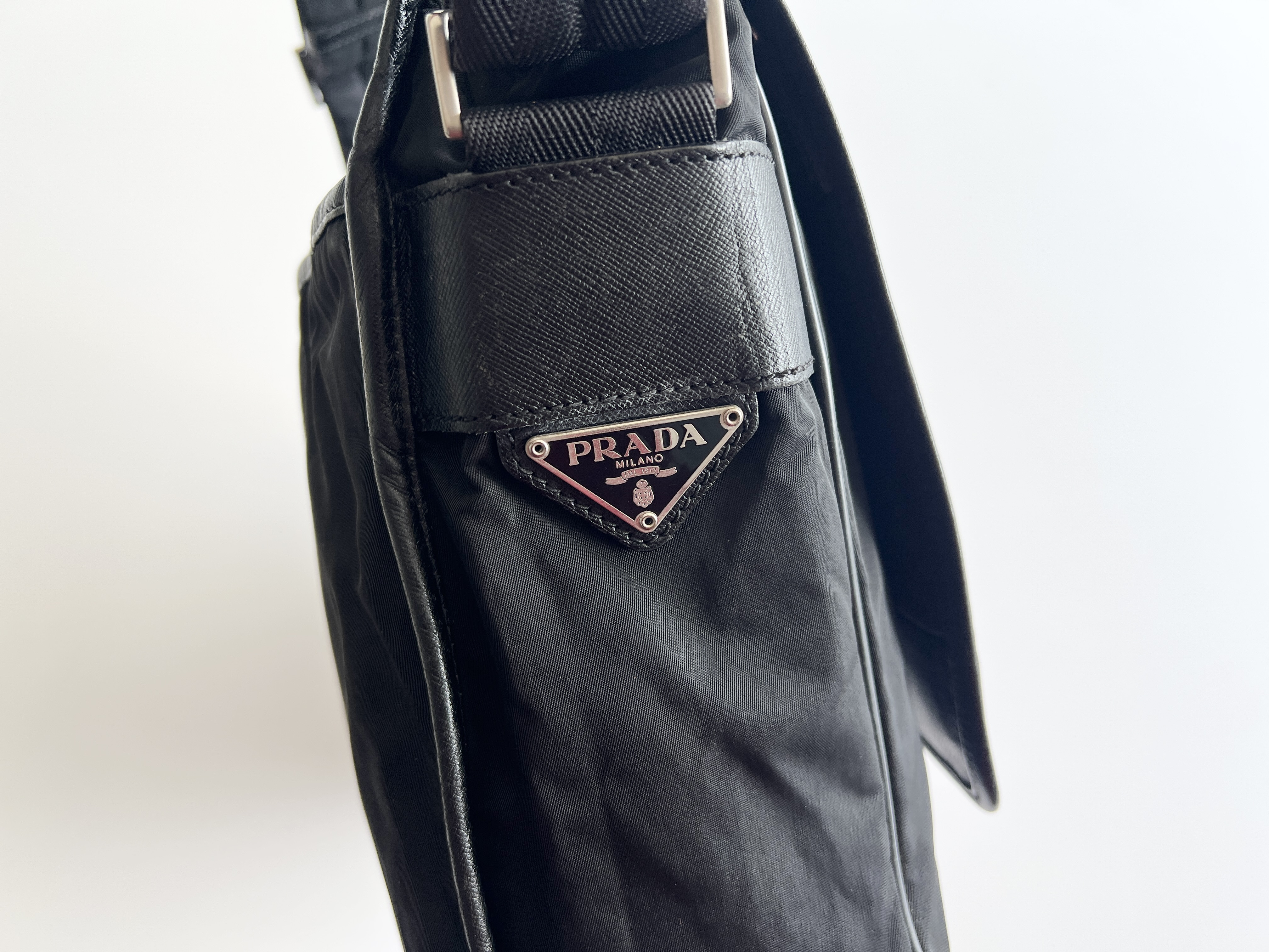 Triangle Logo Nylon Saffiano Leather Messenger Bag One Shoulder Bag — view 10