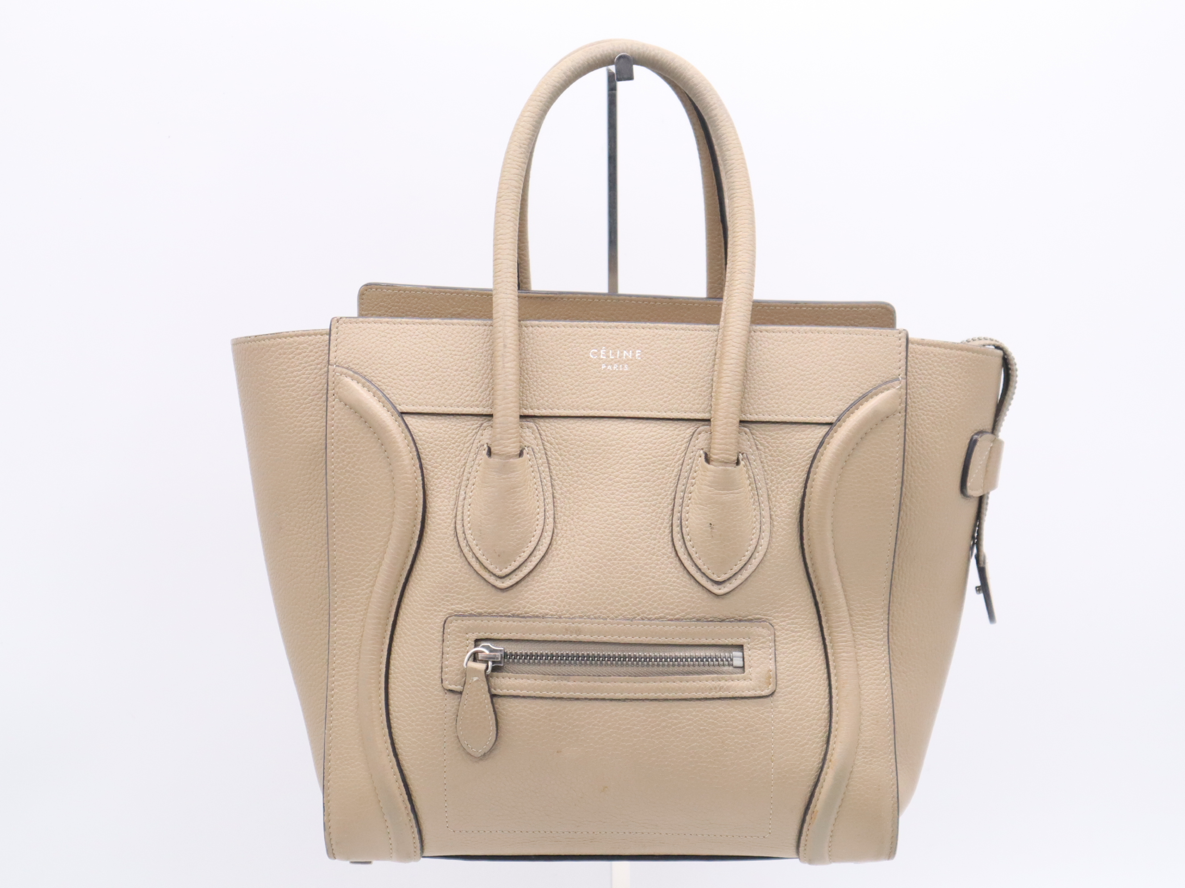 Leather Luggage Micro Shopper Beige Handbag with Silver Hardware