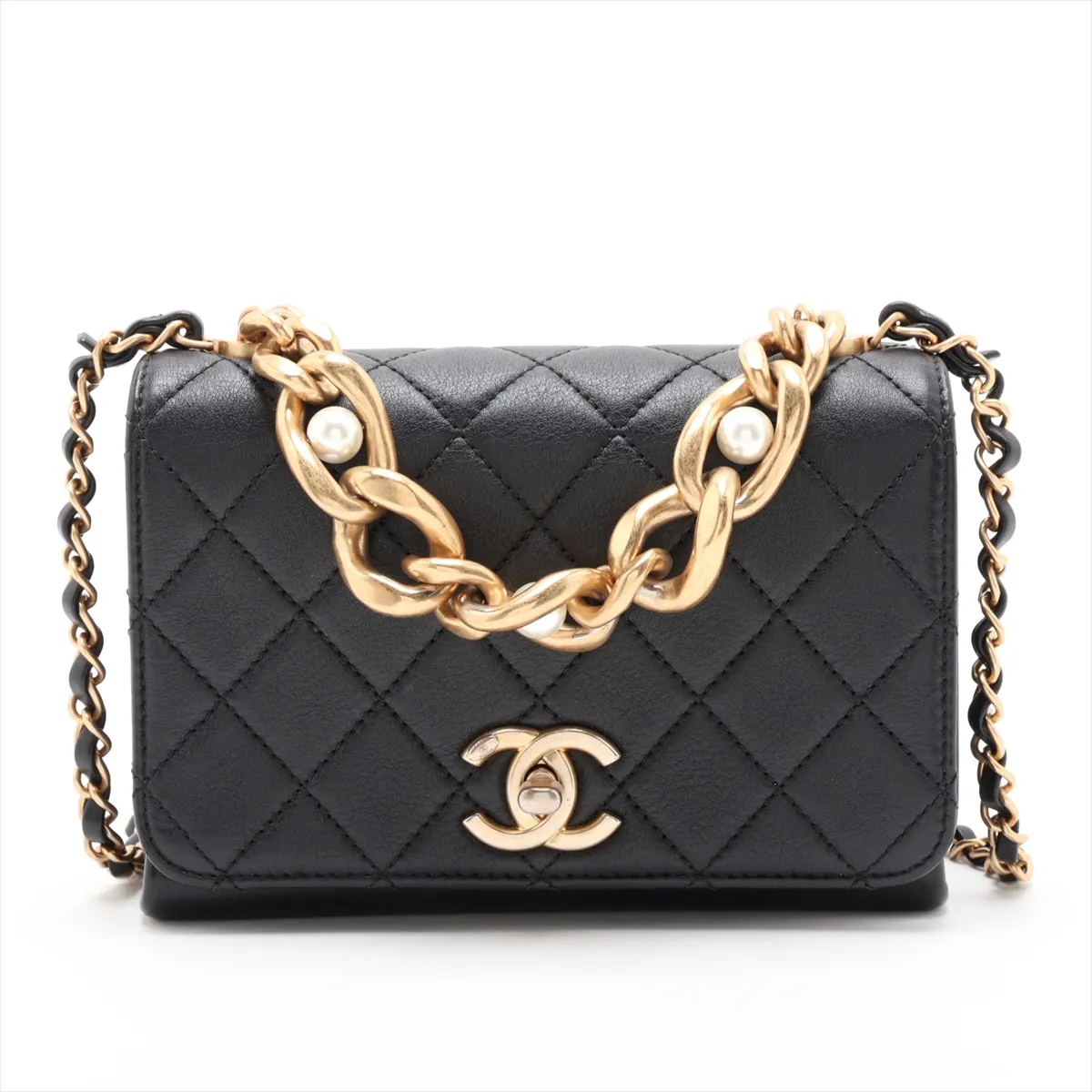 Matelassé Lambskin 2-Way Handbag, Pearl Black with Gold Hardware, XHEEUKCC Random Plate