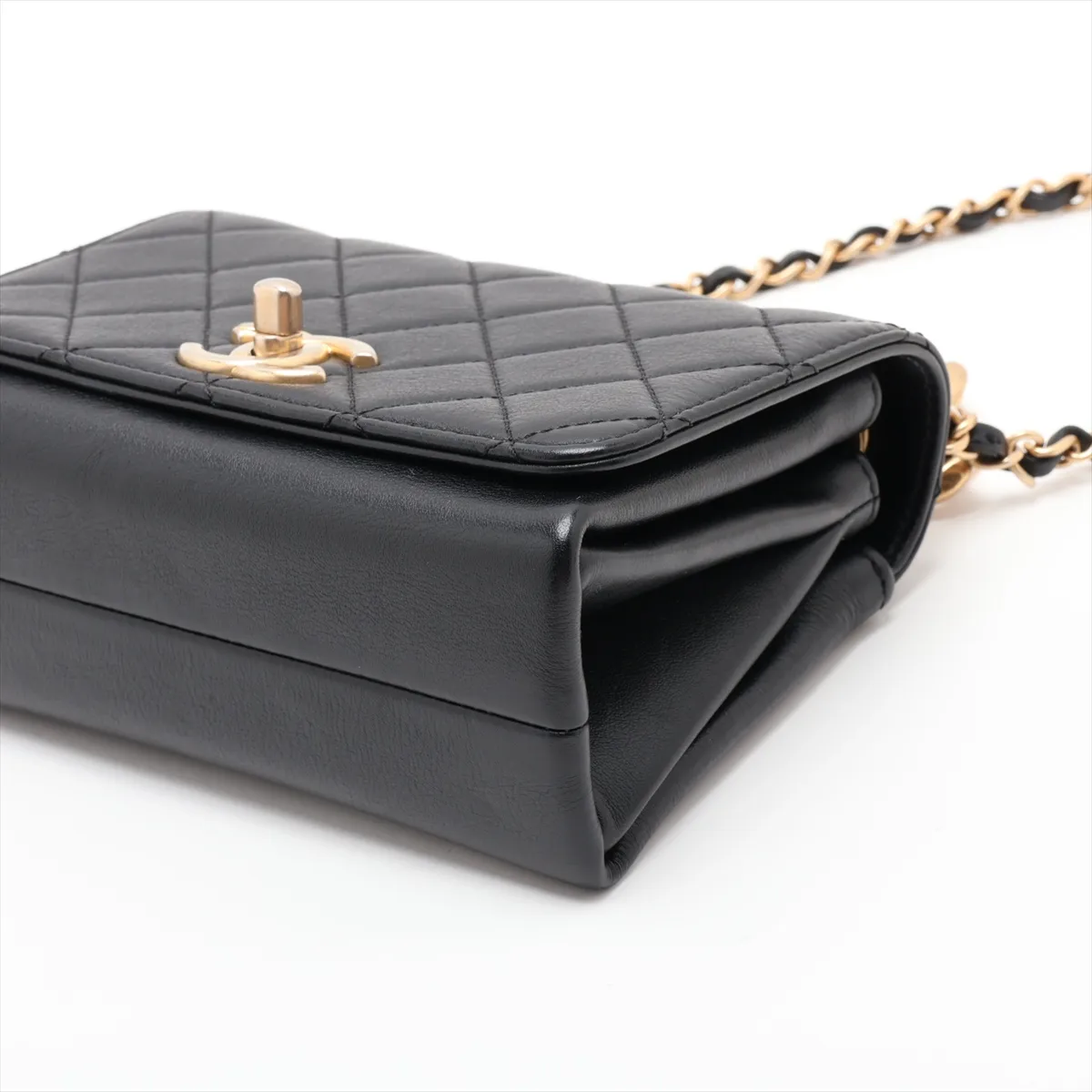 Matelassé Lambskin 2-Way Handbag, Pearl Black with Gold Hardware, XHEEUKCC Random Plate — view 3