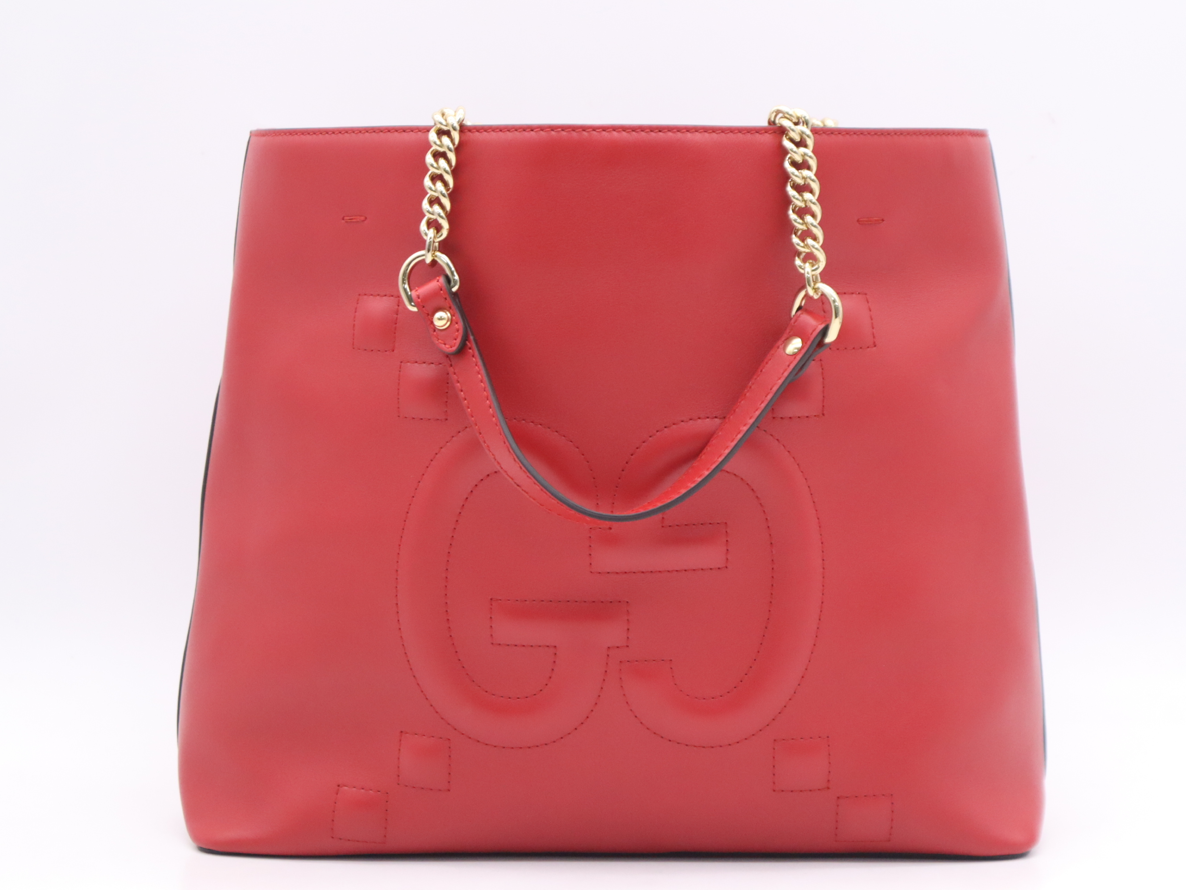 453561 GG Embossed Chain Tote Bag with Dust Bag, Red, Gold Hardware. — view 2