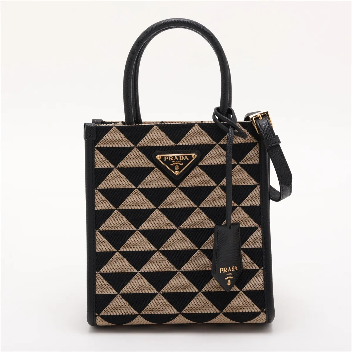 Embroidery 1BA355 Canvas x Leather 2-Way Handbag Beige x Black