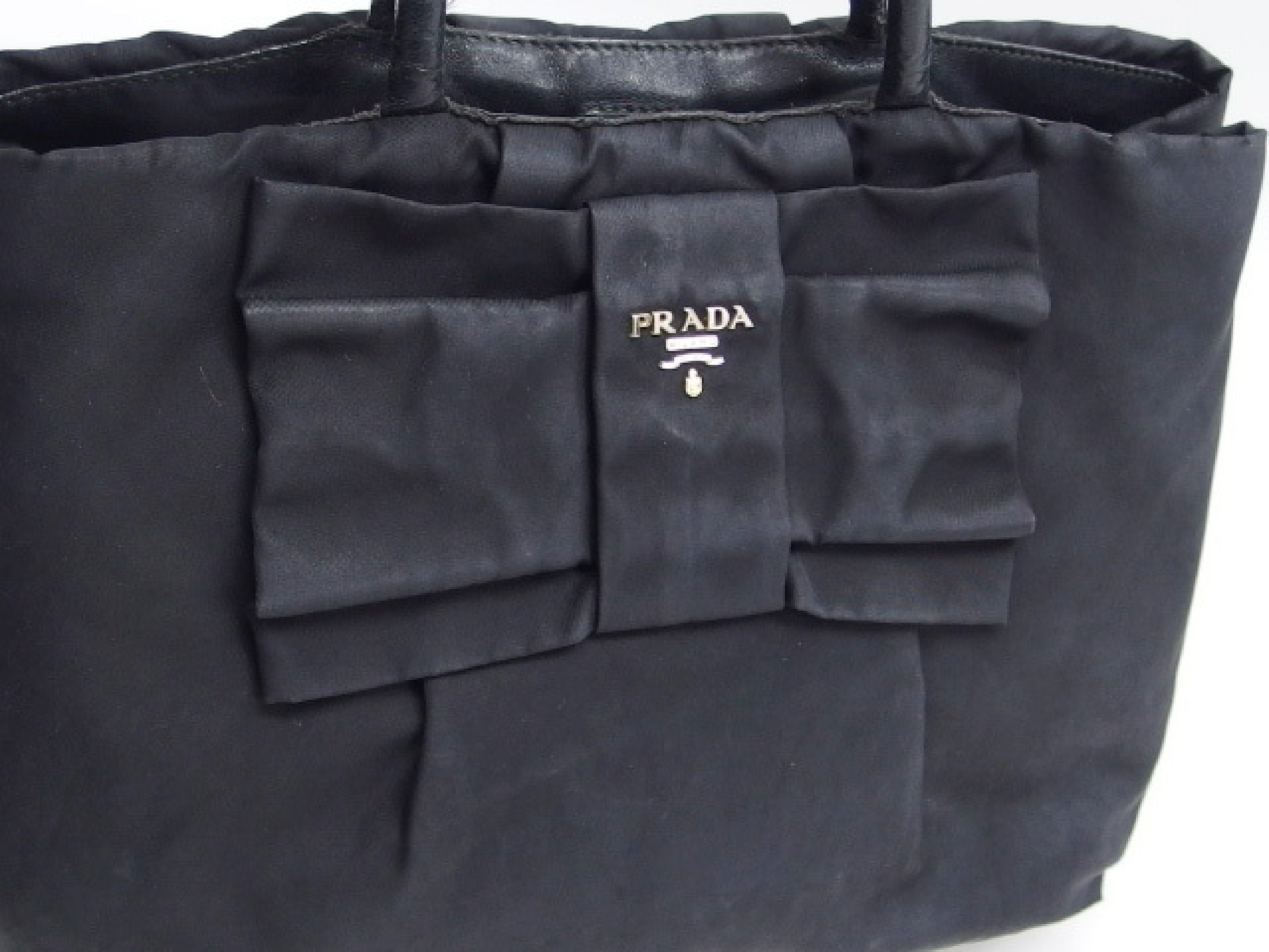 Nylon Ribbon Tote Bag, Black, Logo Handbag — view 6