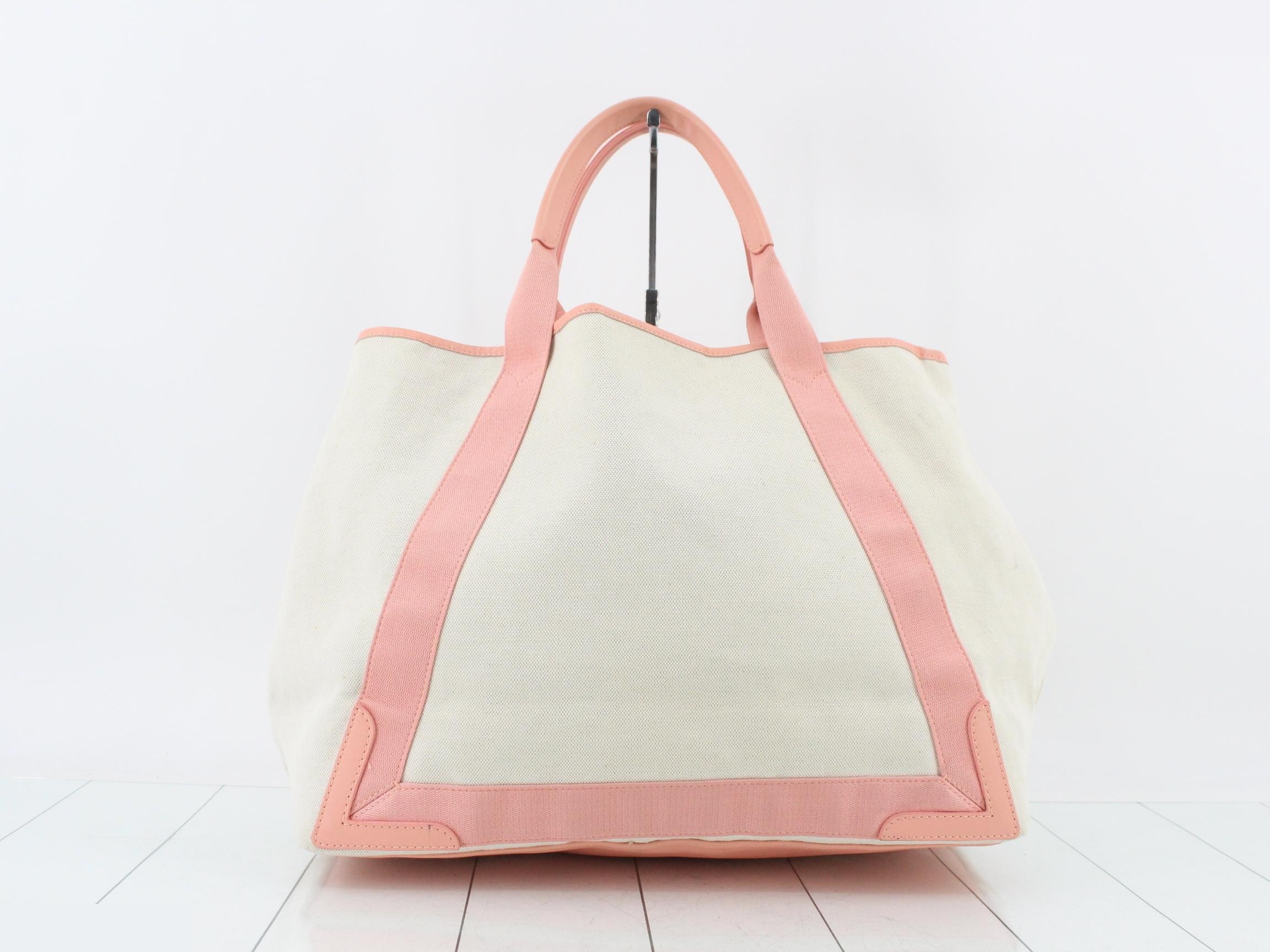 Navy Cabas Tote Bag, Canvas x Leather, Ivory x Pink — view 2