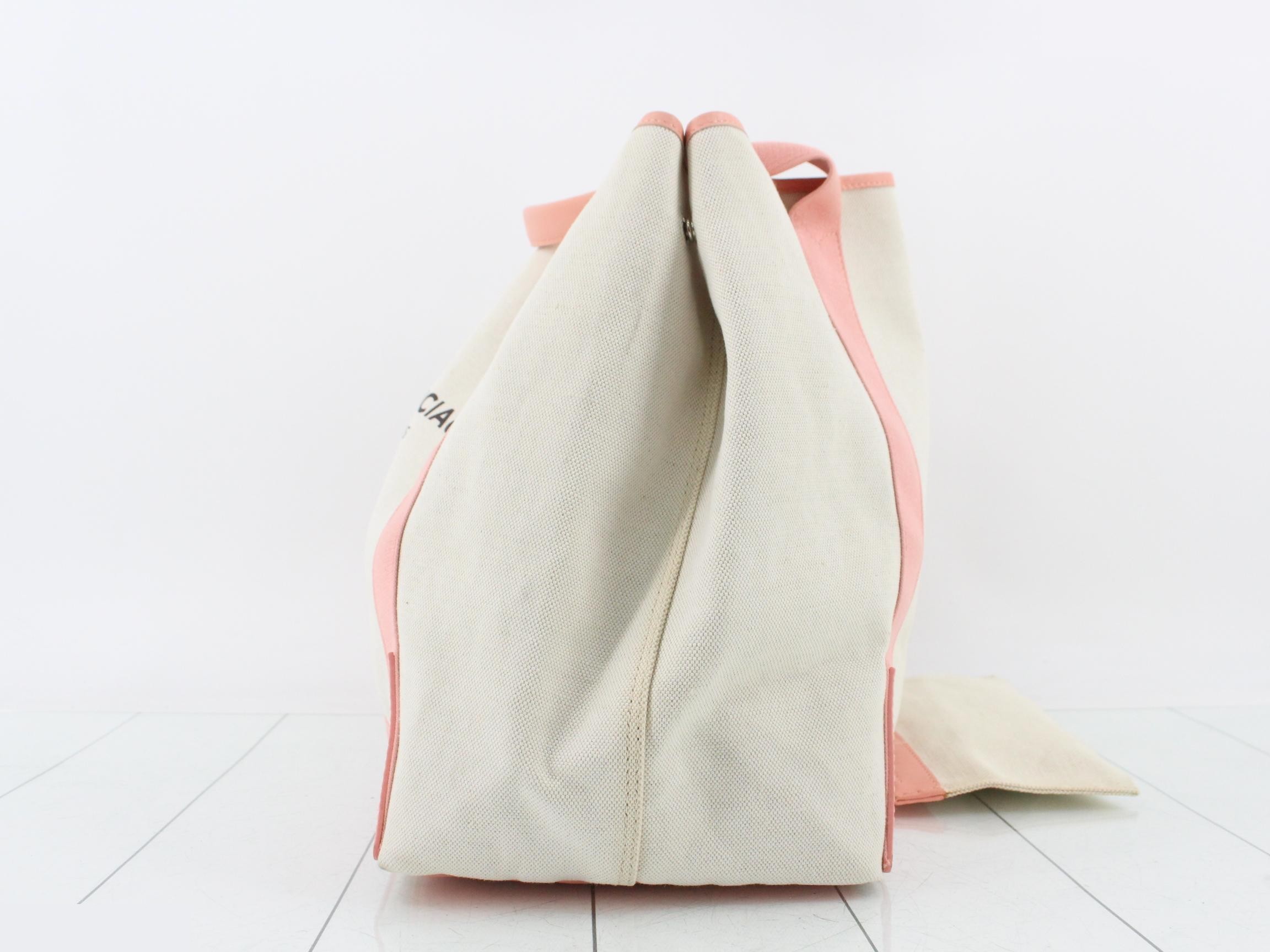Navy Cabas Tote Bag, Canvas x Leather, Ivory x Pink — view 3