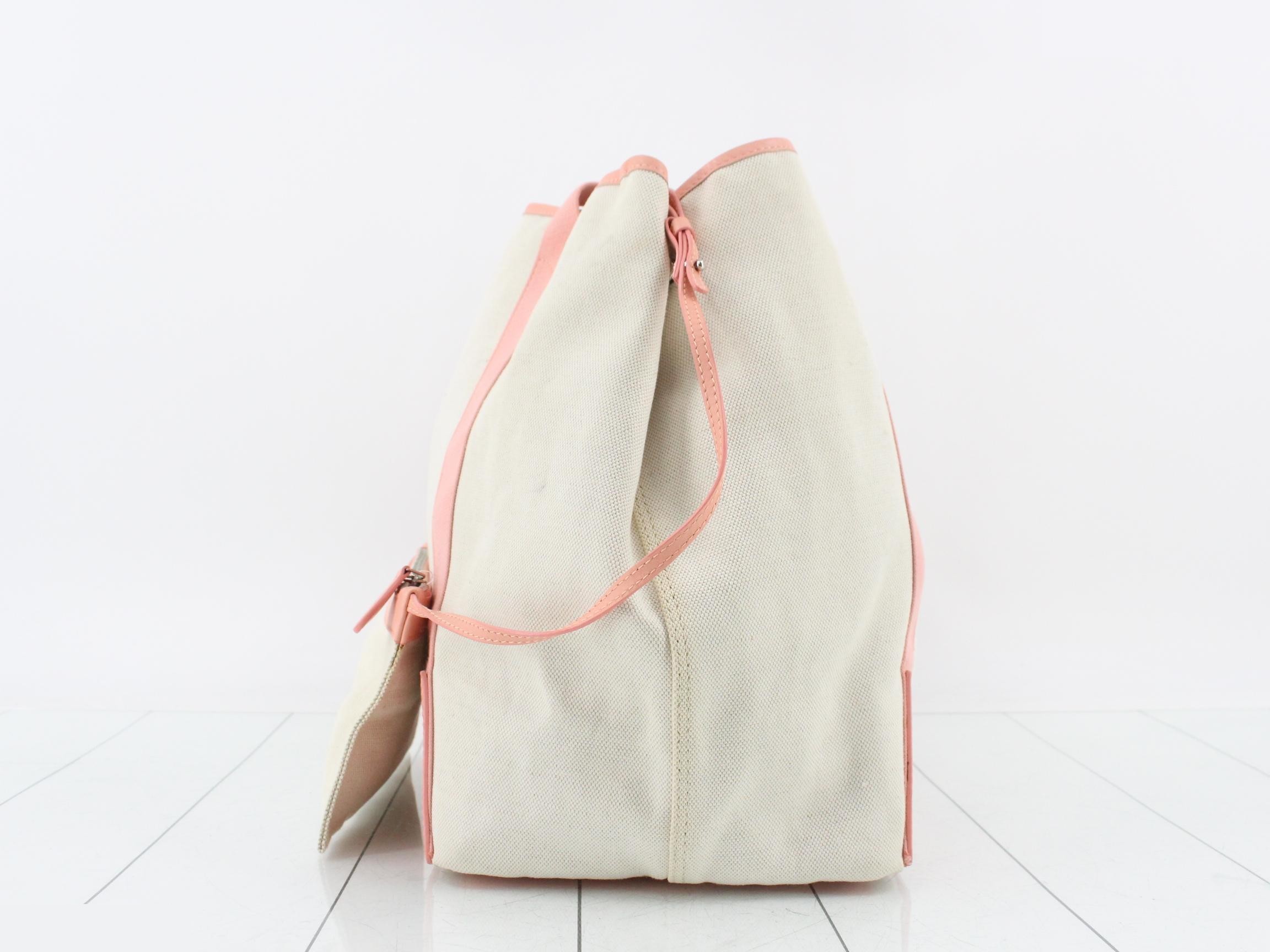 Navy Cabas Tote Bag, Canvas x Leather, Ivory x Pink — view 4