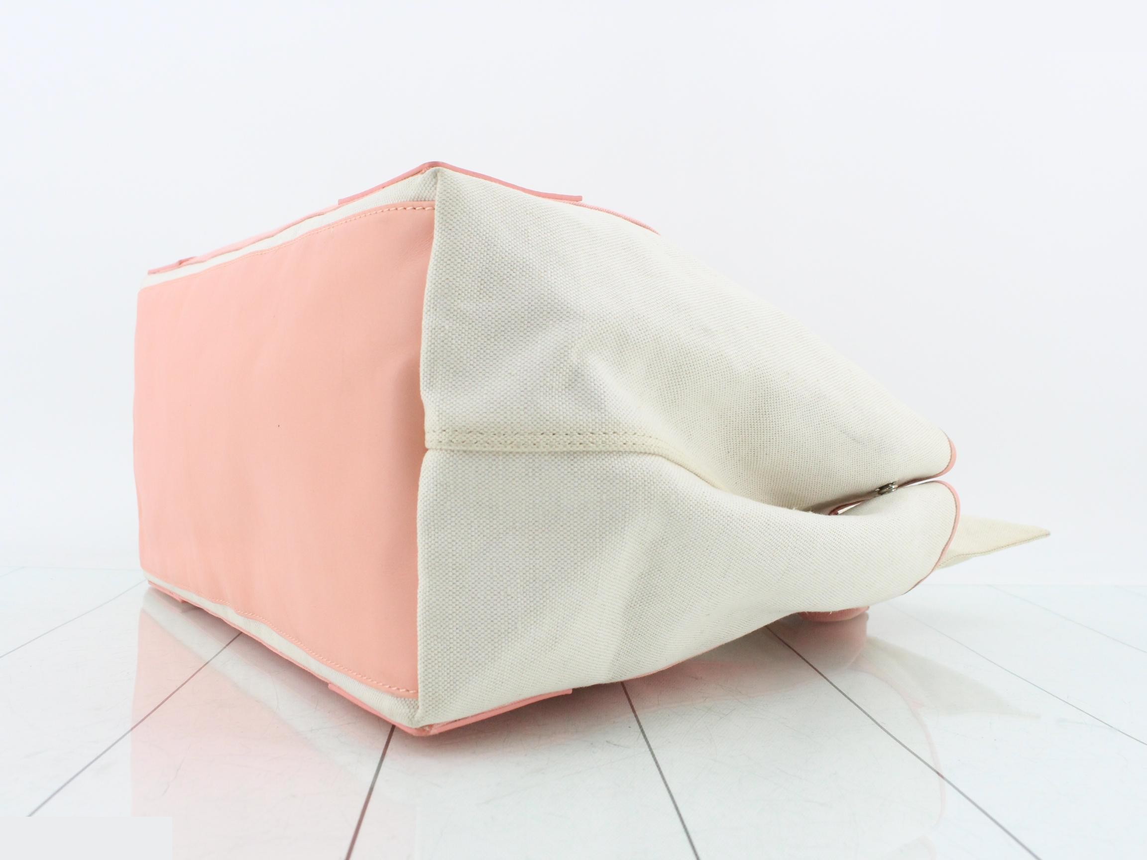 Navy Cabas Tote Bag, Canvas x Leather, Ivory x Pink — view 6