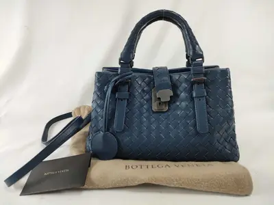 Intrecciato Full Leather Roma Bag Small Blue Handbag