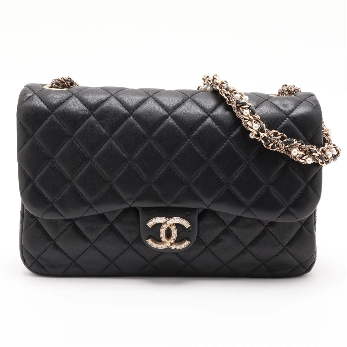 Matelassé Lambskin Single Flap Single Chain Bag, Pearl Black with Gold Hardware, 20335063 (Serial Number in the 20s)