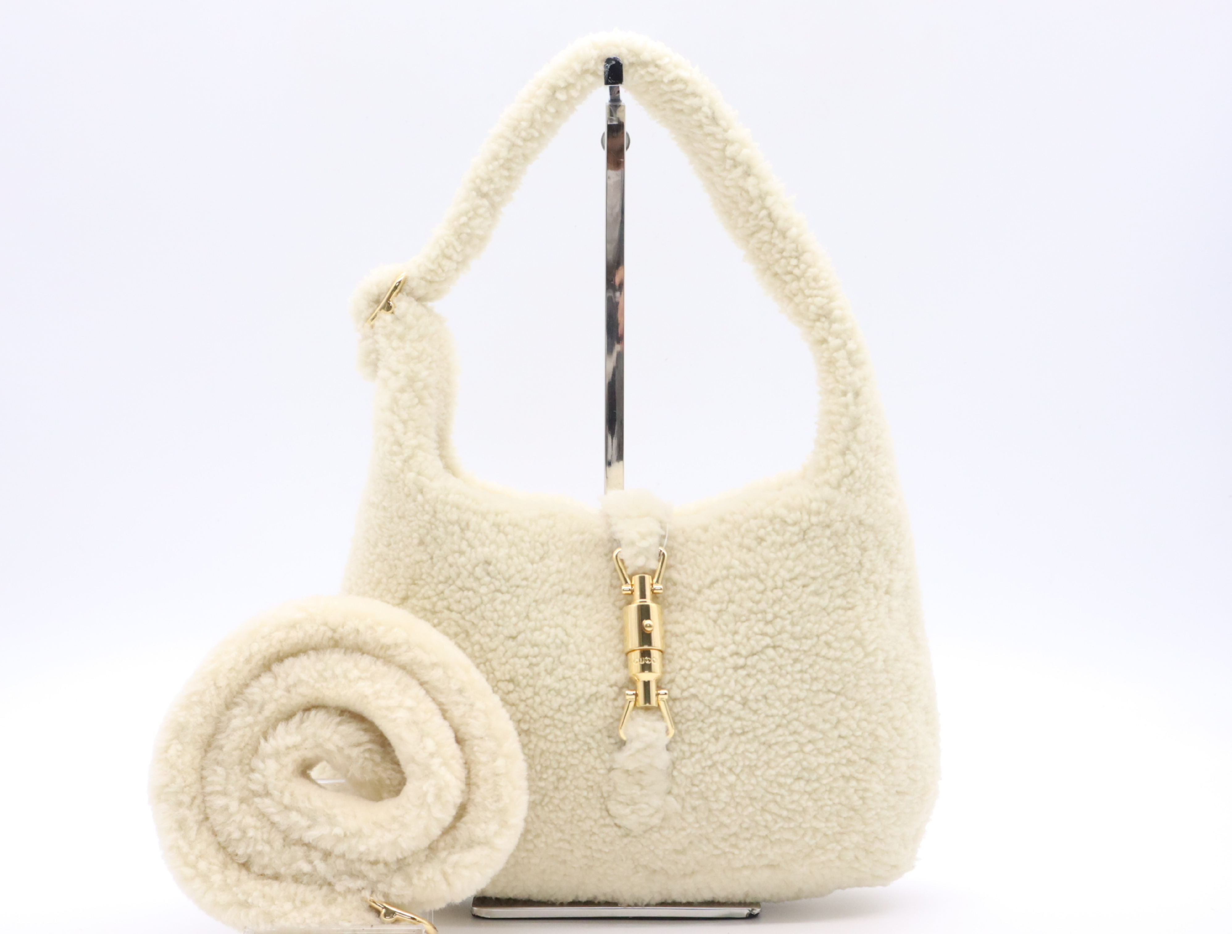 636709 Shearling Jackie 1961 2-way Handbag with White Gold Hardware and Shoulder Strap