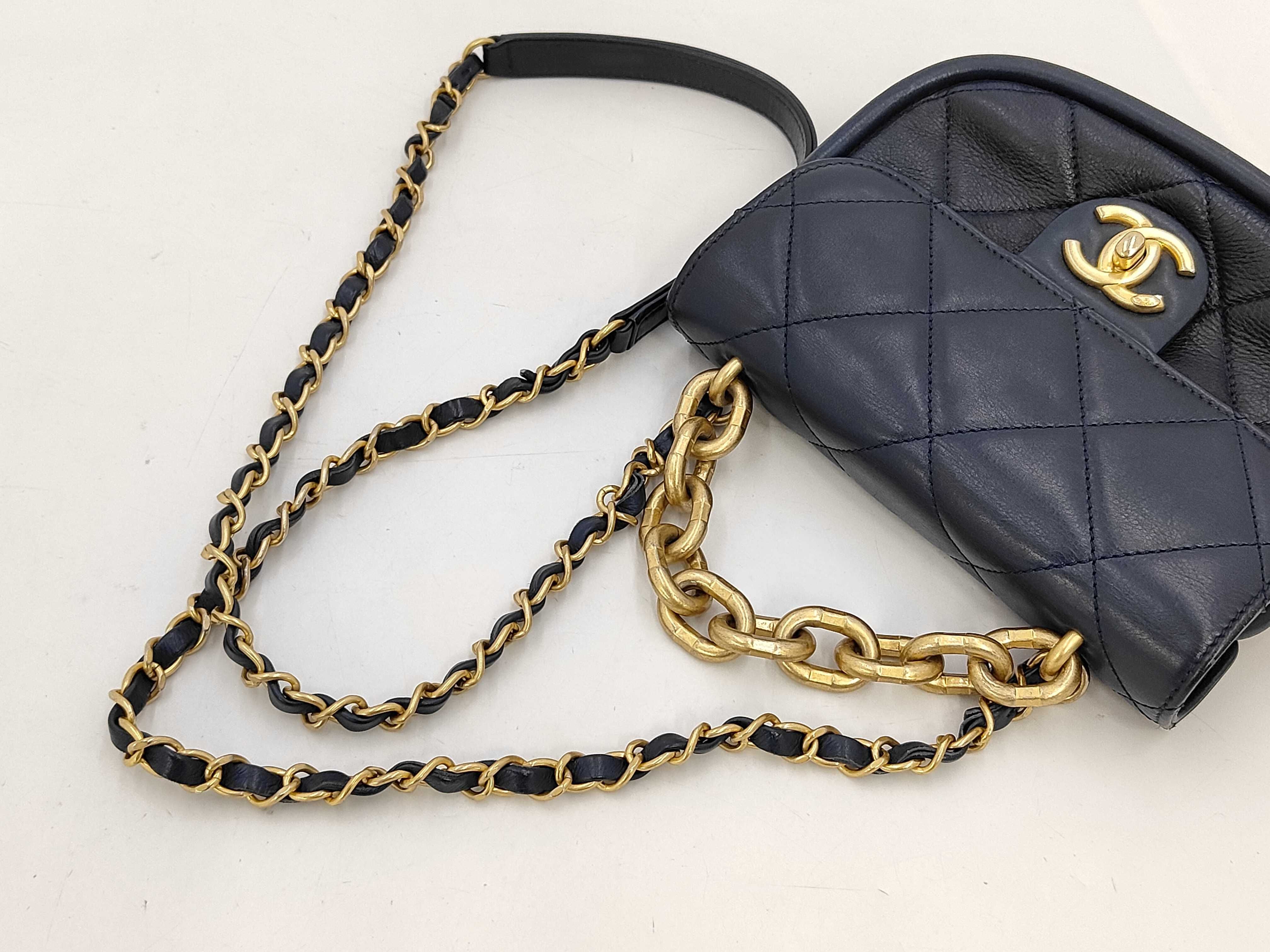 Mini Matelassé Chain Shoulder Bag, Navy Lambskin, Gold Hardware. — view 5