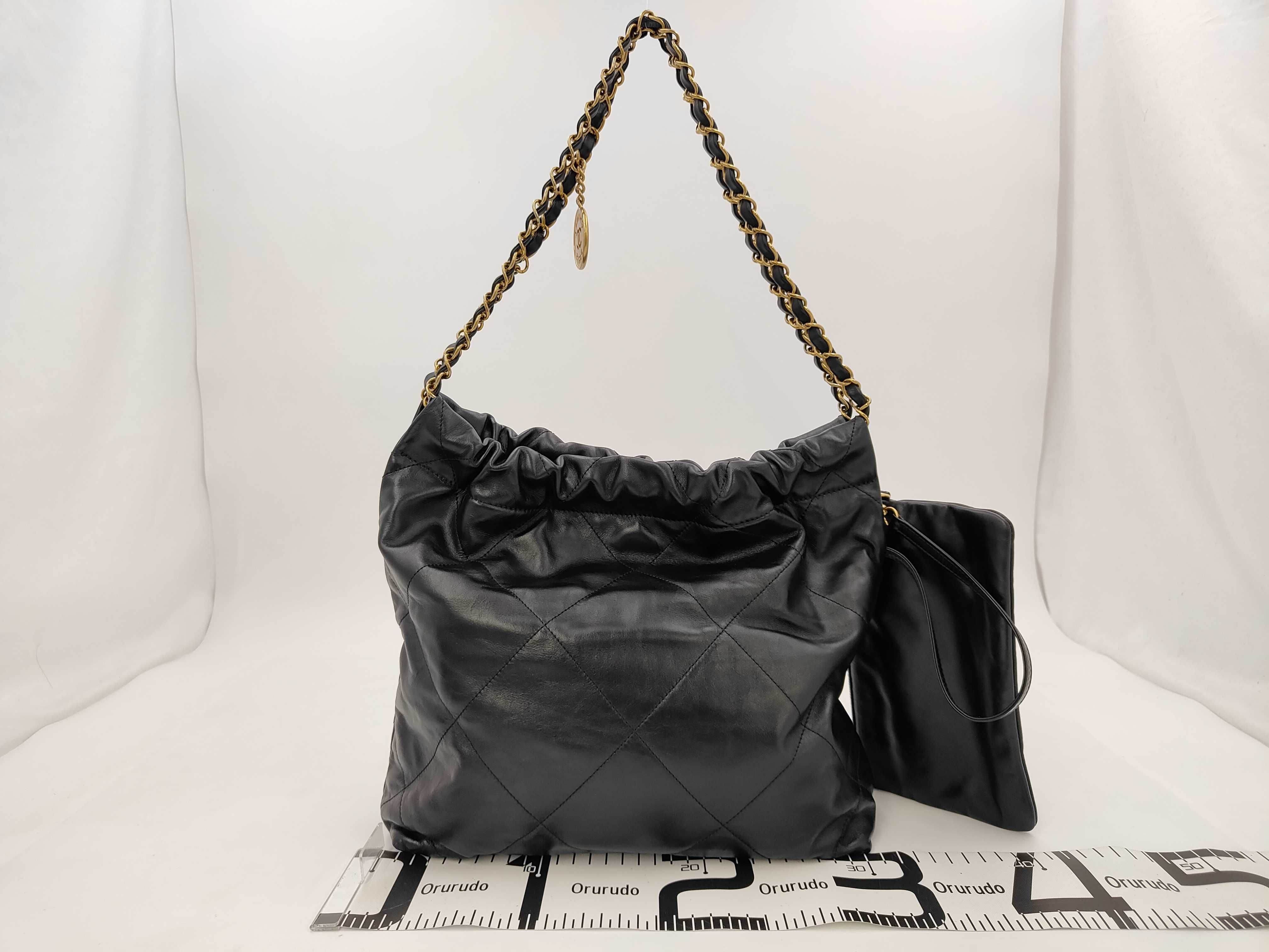 22 Shiny Calfskin Chain Shoulder Bag with Gold Hardware and Pouch, Black — view 2