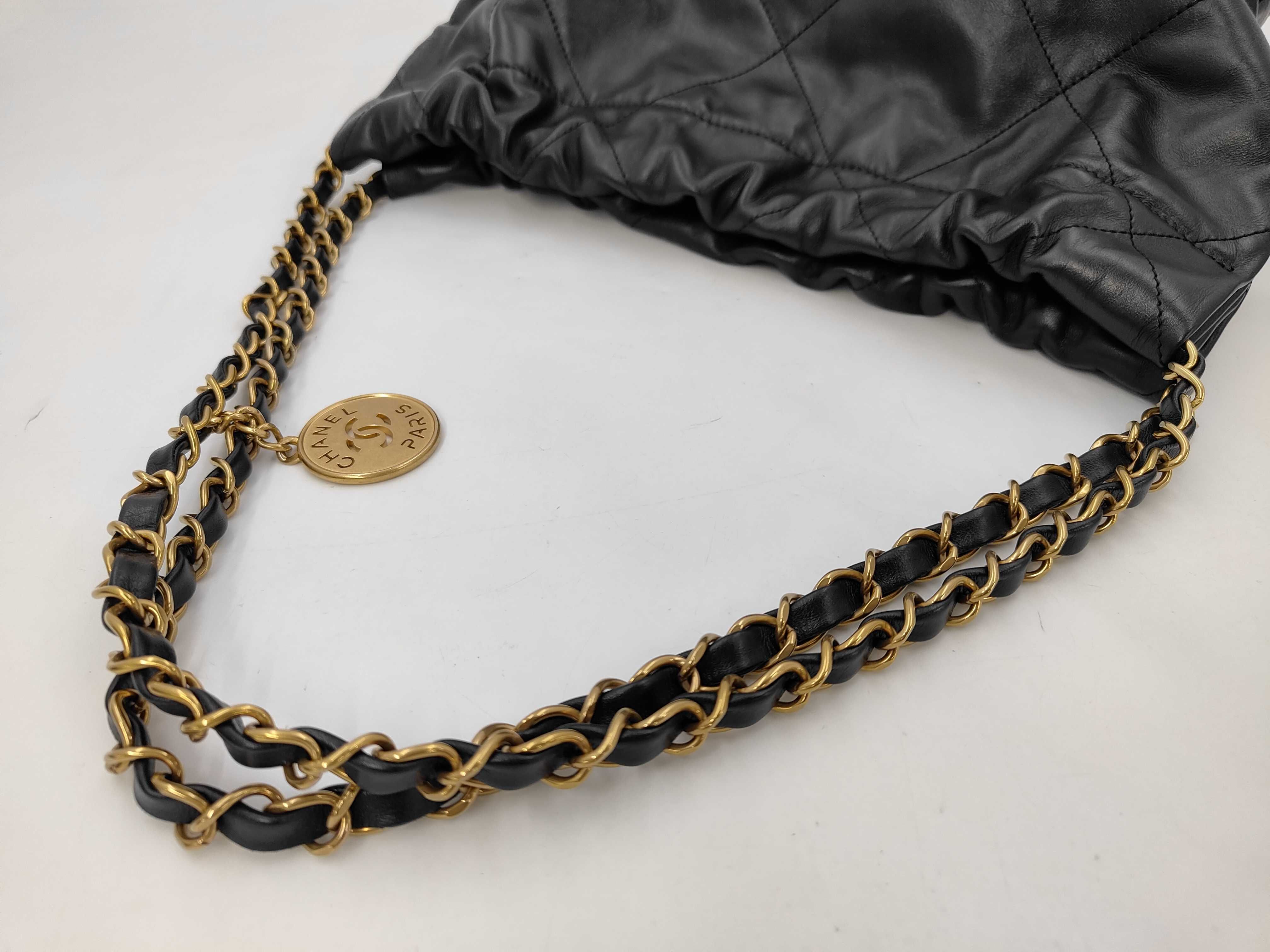 22 Shiny Calfskin Chain Shoulder Bag with Gold Hardware and Pouch, Black — view 3