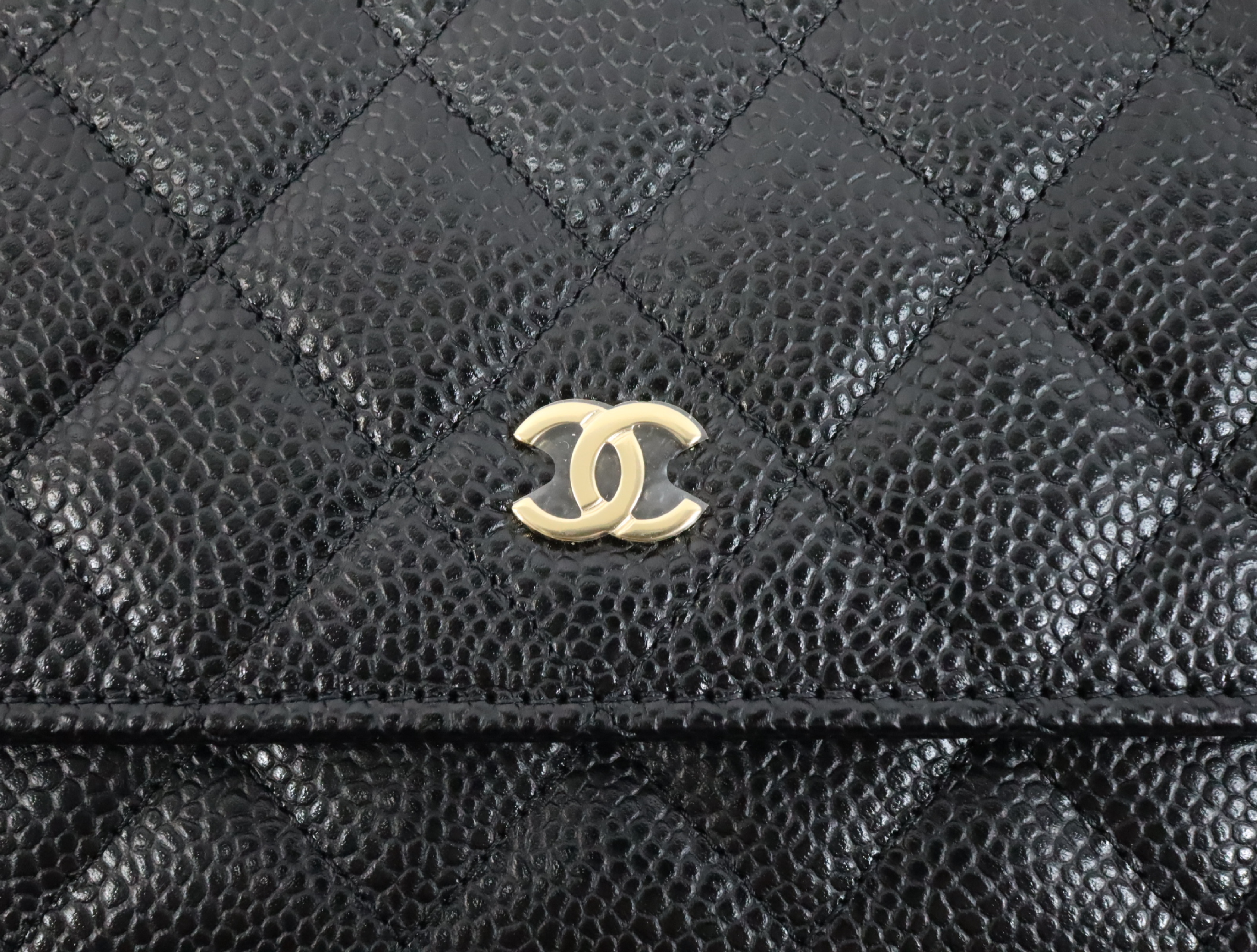 Matelassé Caviar Skin Chain Wallet, Black with Gold Hardware, Random Plate Design, AP0250 Shoulder Bag — view 11