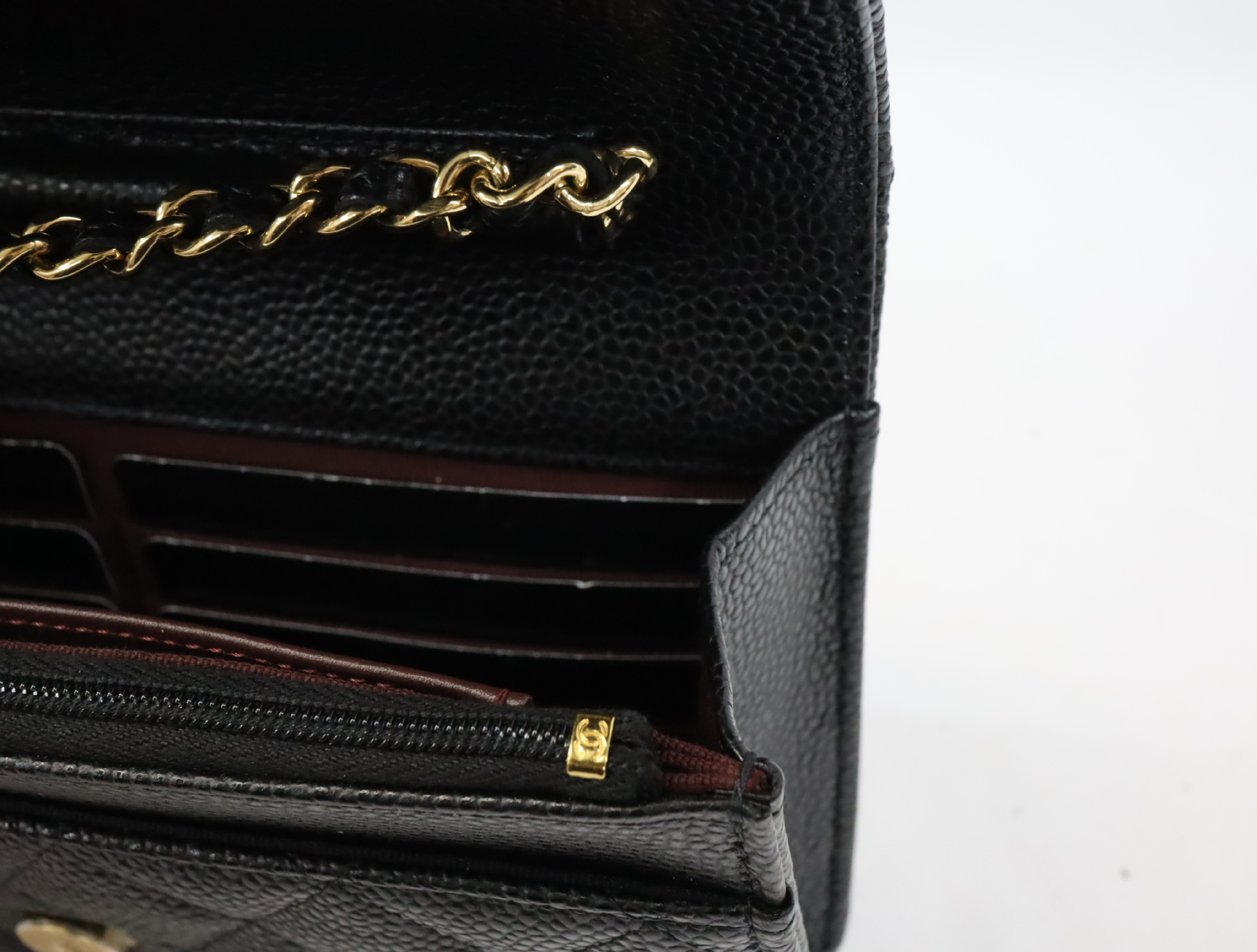 Matelassé Caviar Skin Chain Wallet, Black with Gold Hardware, Random Plate Design, AP0250 Shoulder Bag — view 13