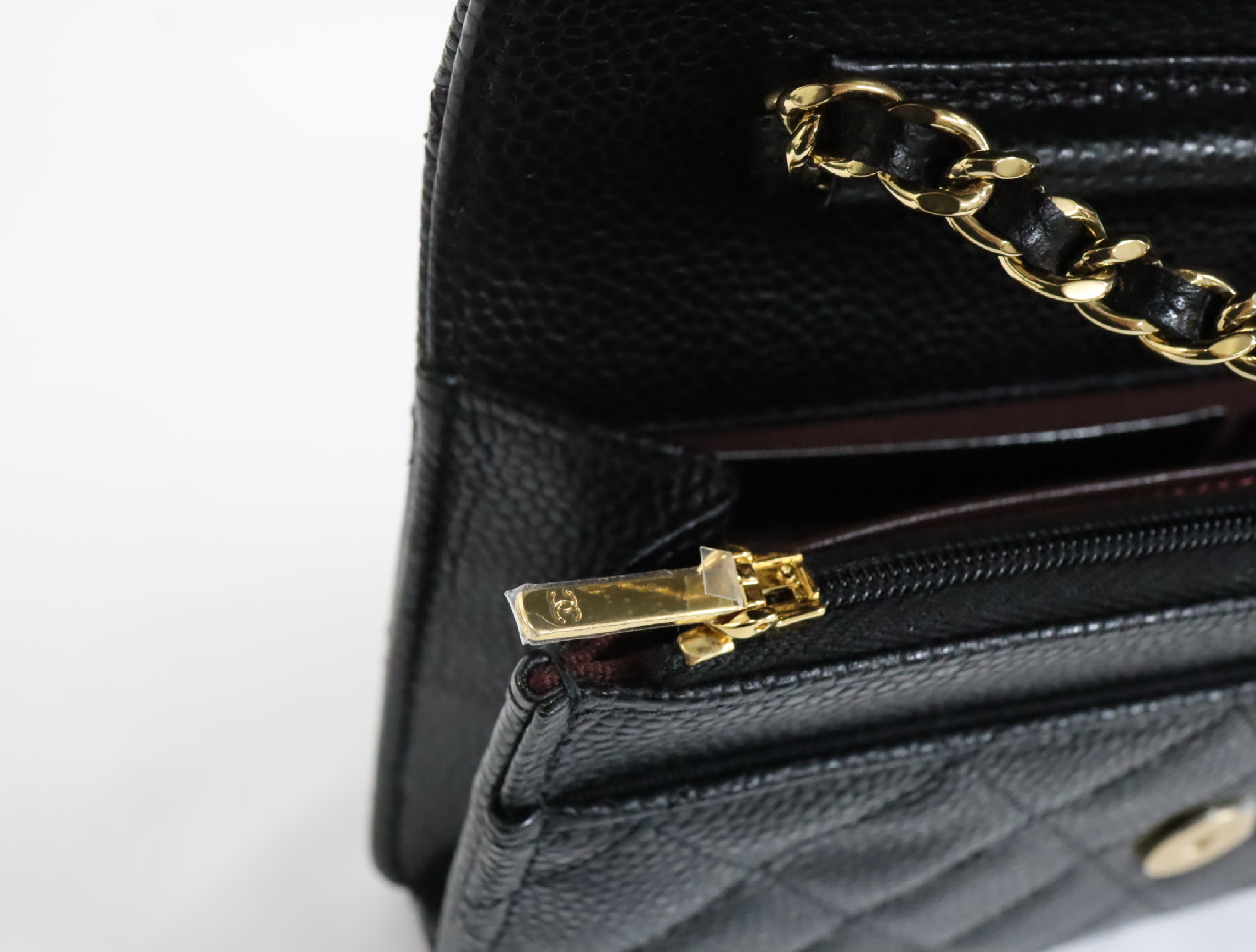 Matelassé Caviar Skin Chain Wallet, Black with Gold Hardware, Random Plate Design, AP0250 Shoulder Bag — view 14