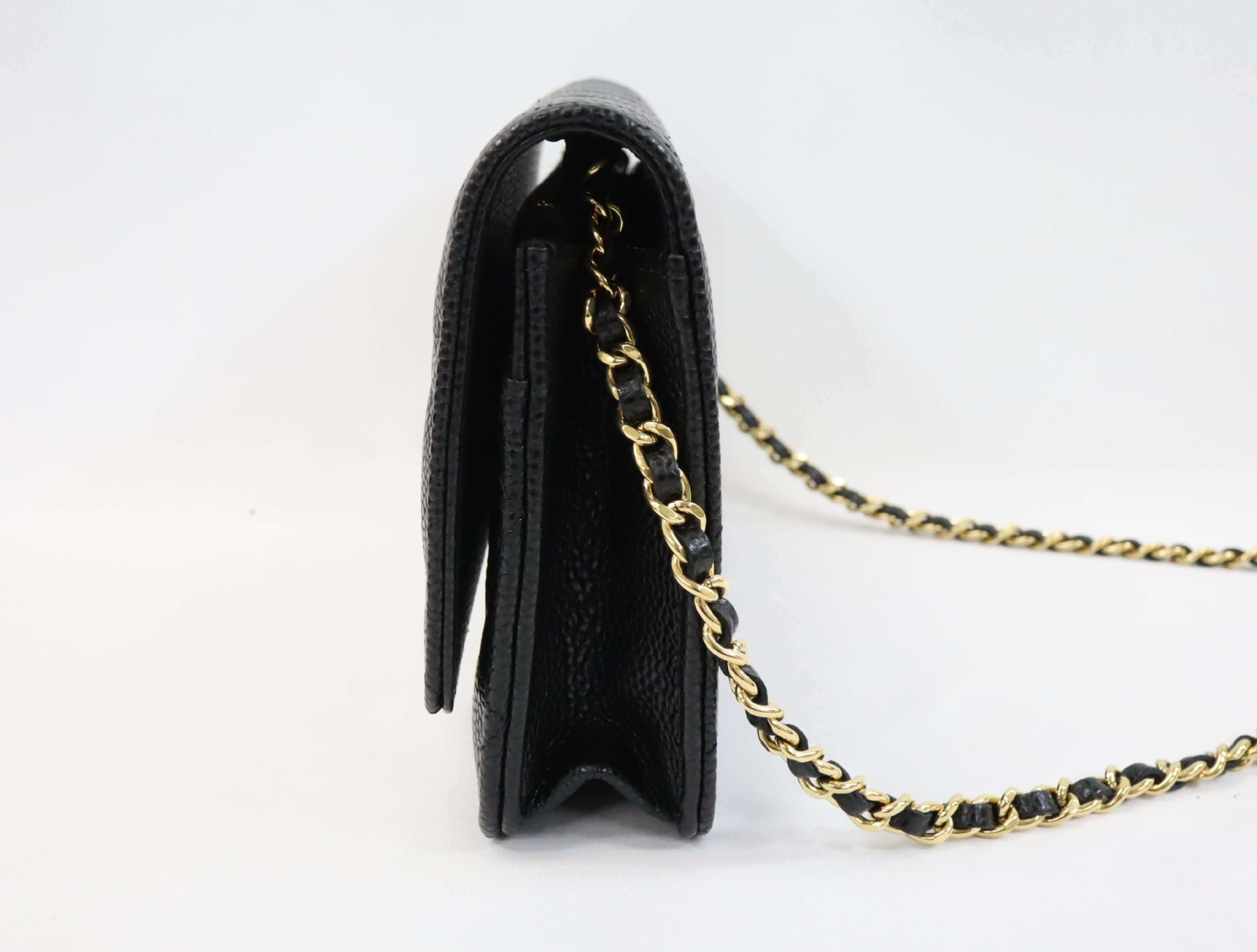Matelassé Caviar Skin Chain Wallet, Black with Gold Hardware, Random Plate Design, AP0250 Shoulder Bag — view 3