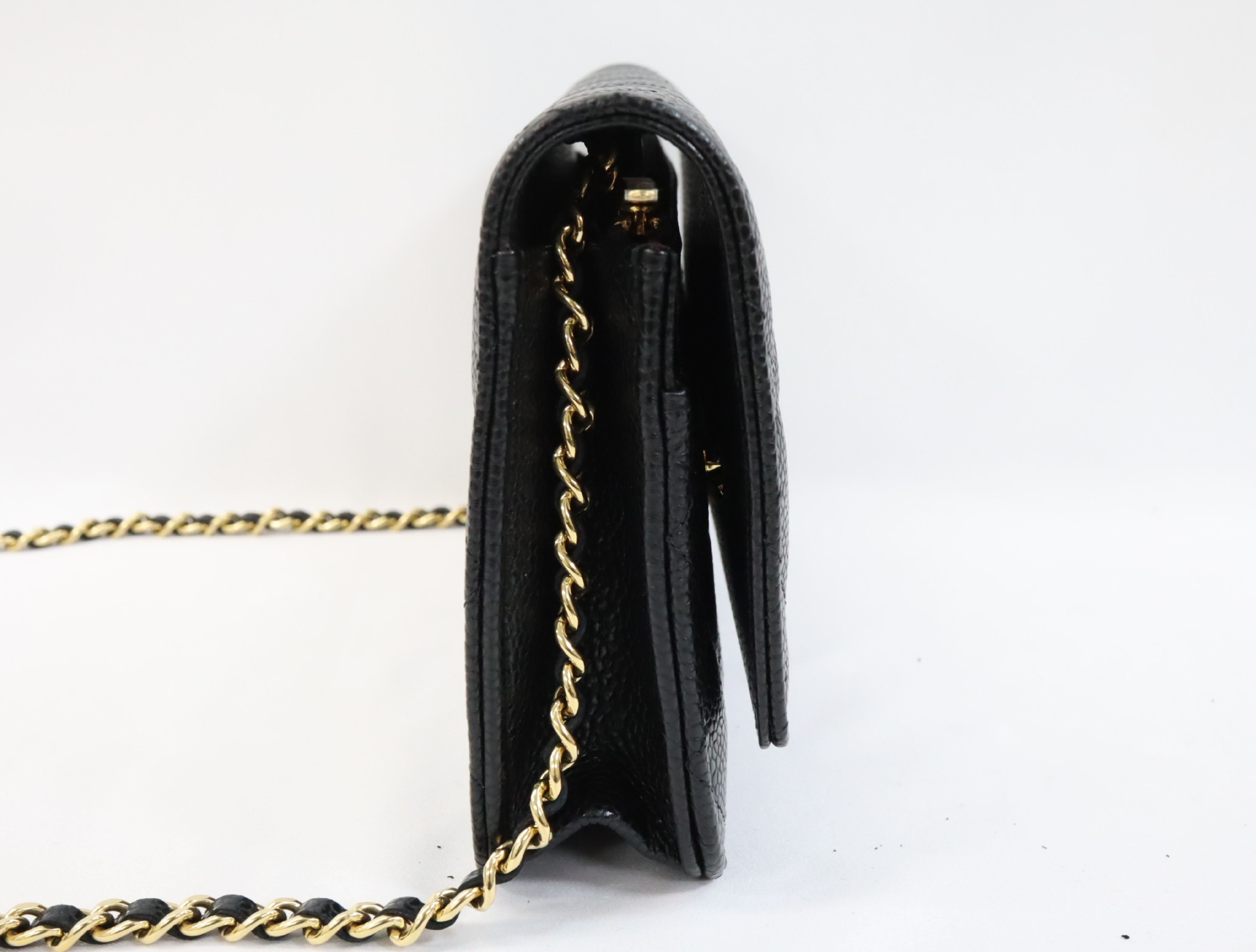 Matelassé Caviar Skin Chain Wallet, Black with Gold Hardware, Random Plate Design, AP0250 Shoulder Bag — view 4