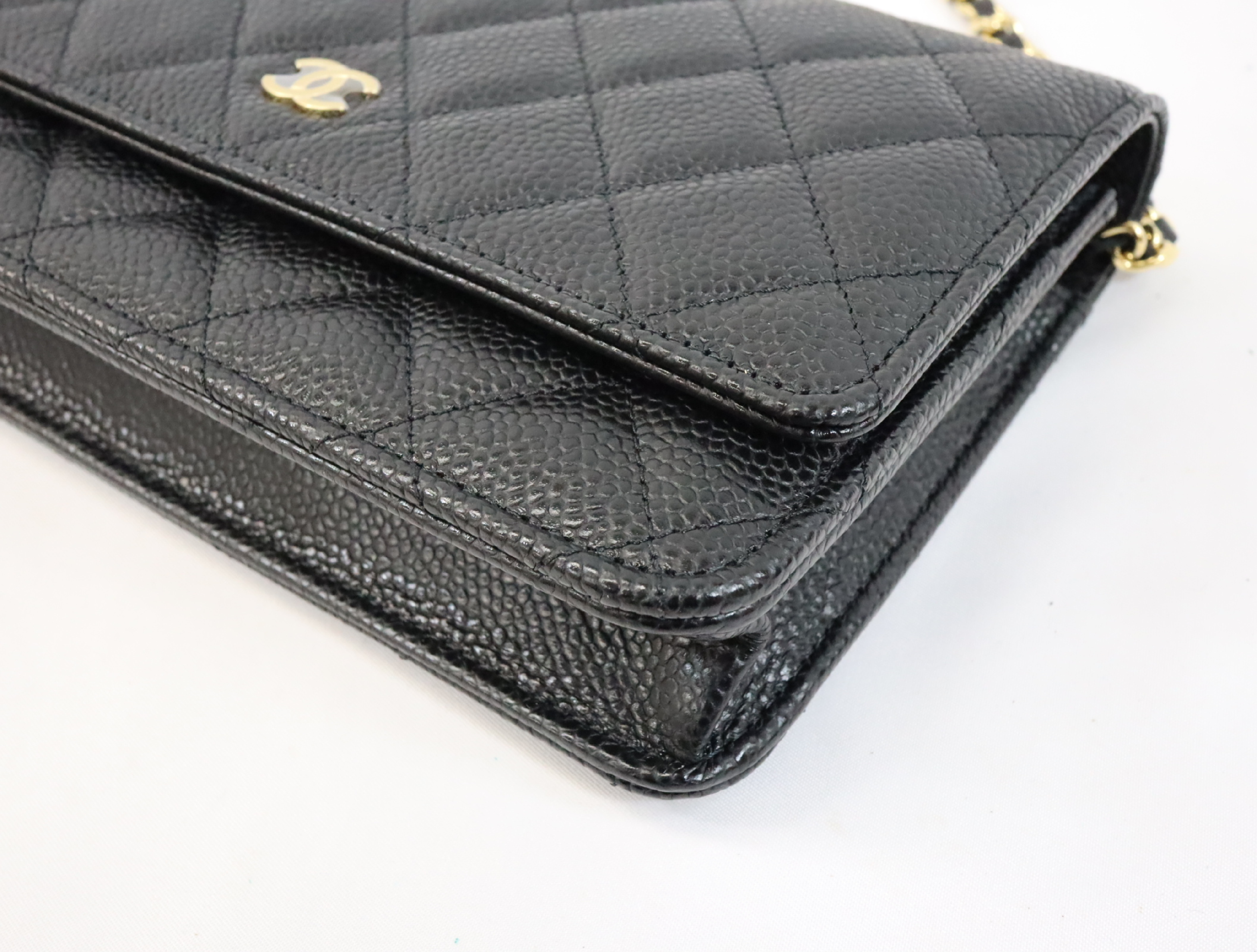 Matelassé Caviar Skin Chain Wallet, Black with Gold Hardware, Random Plate Design, AP0250 Shoulder Bag — view 6