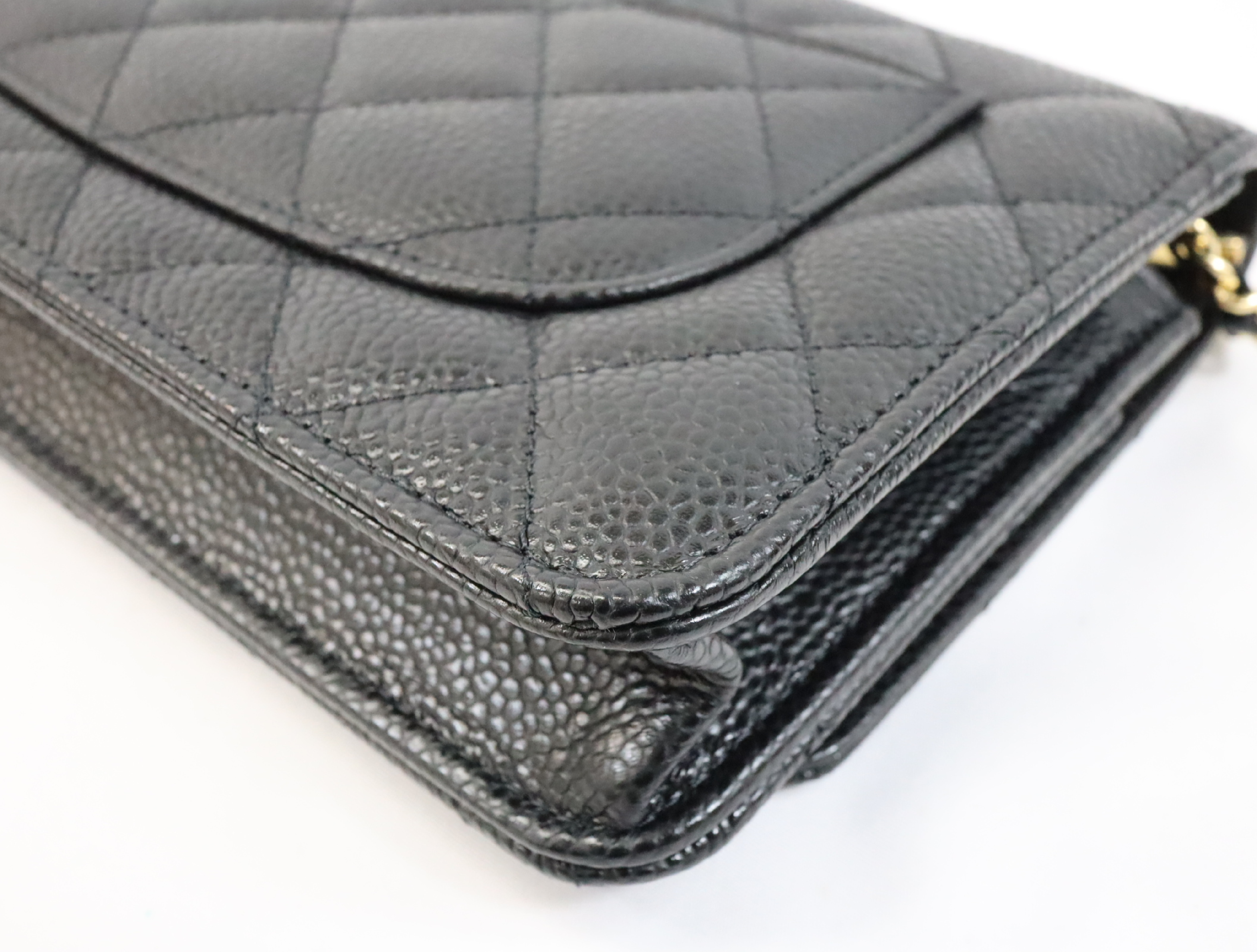 Matelassé Caviar Skin Chain Wallet, Black with Gold Hardware, Random Plate Design, AP0250 Shoulder Bag — view 8