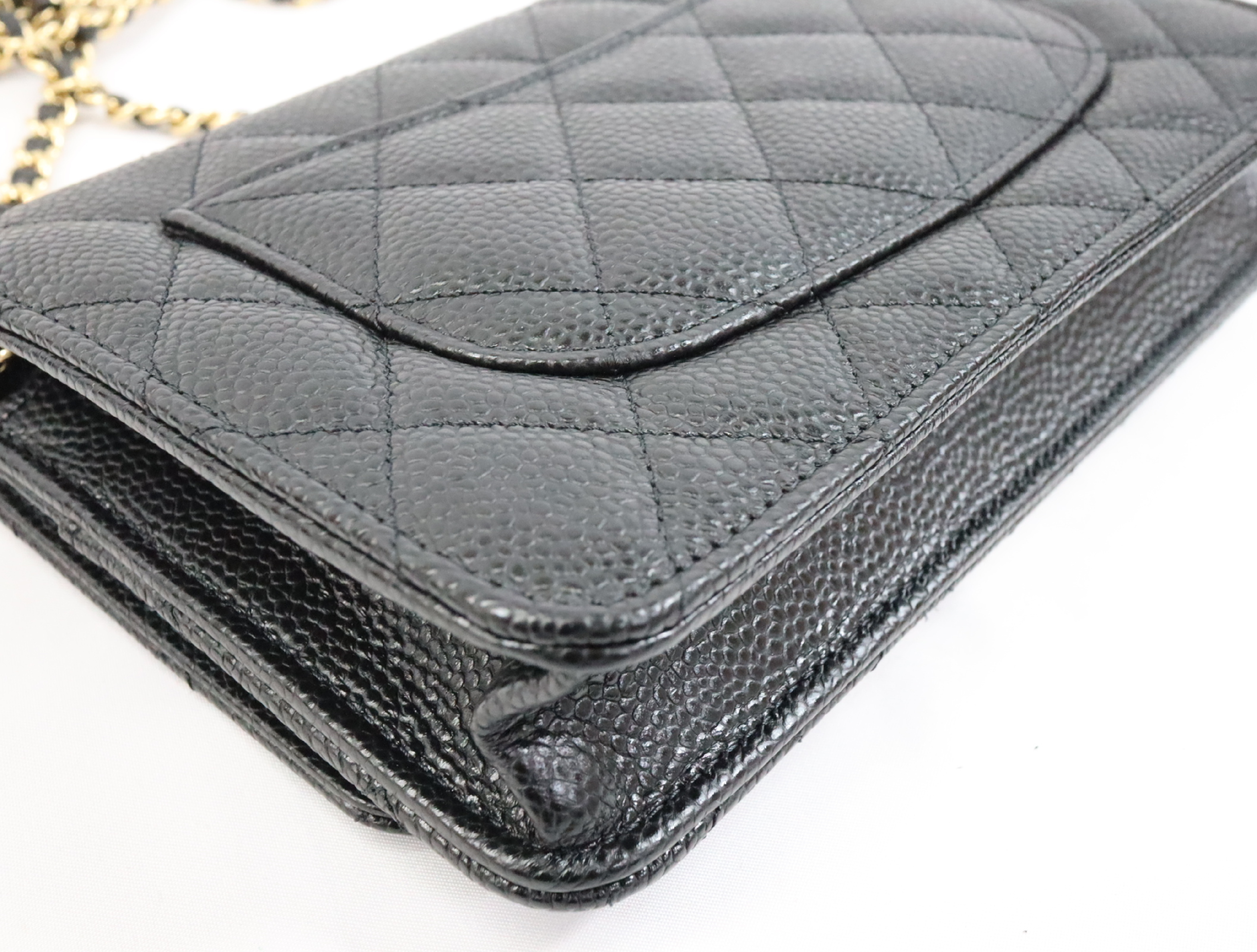 Matelassé Caviar Skin Chain Wallet, Black with Gold Hardware, Random Plate Design, AP0250 Shoulder Bag — view 9