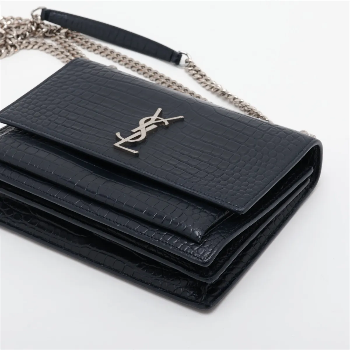 Sunset 442906 Crocodile Embossed Chain Shoulder Bag Navy — view 3