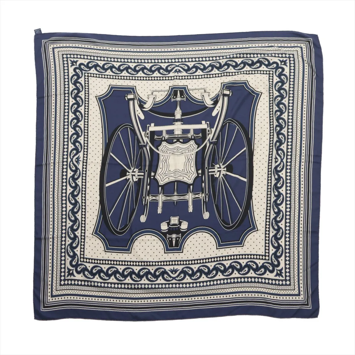 Carré Géant LES ROUES DE PHAETON (Four-wheeled carriage) stole, cashmere x silk, navy. Some wear, snags, loose threads, and fragrance odor.