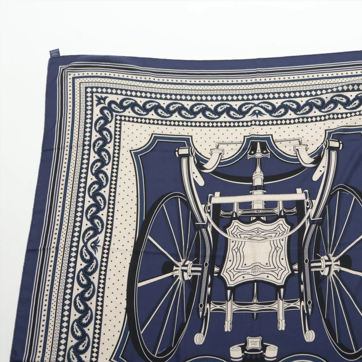 Carré Géant LES ROUES DE PHAETON (Four-wheeled carriage) stole, cashmere x silk, navy. Some wear, snags, loose threads, and fragrance odor. — view 2