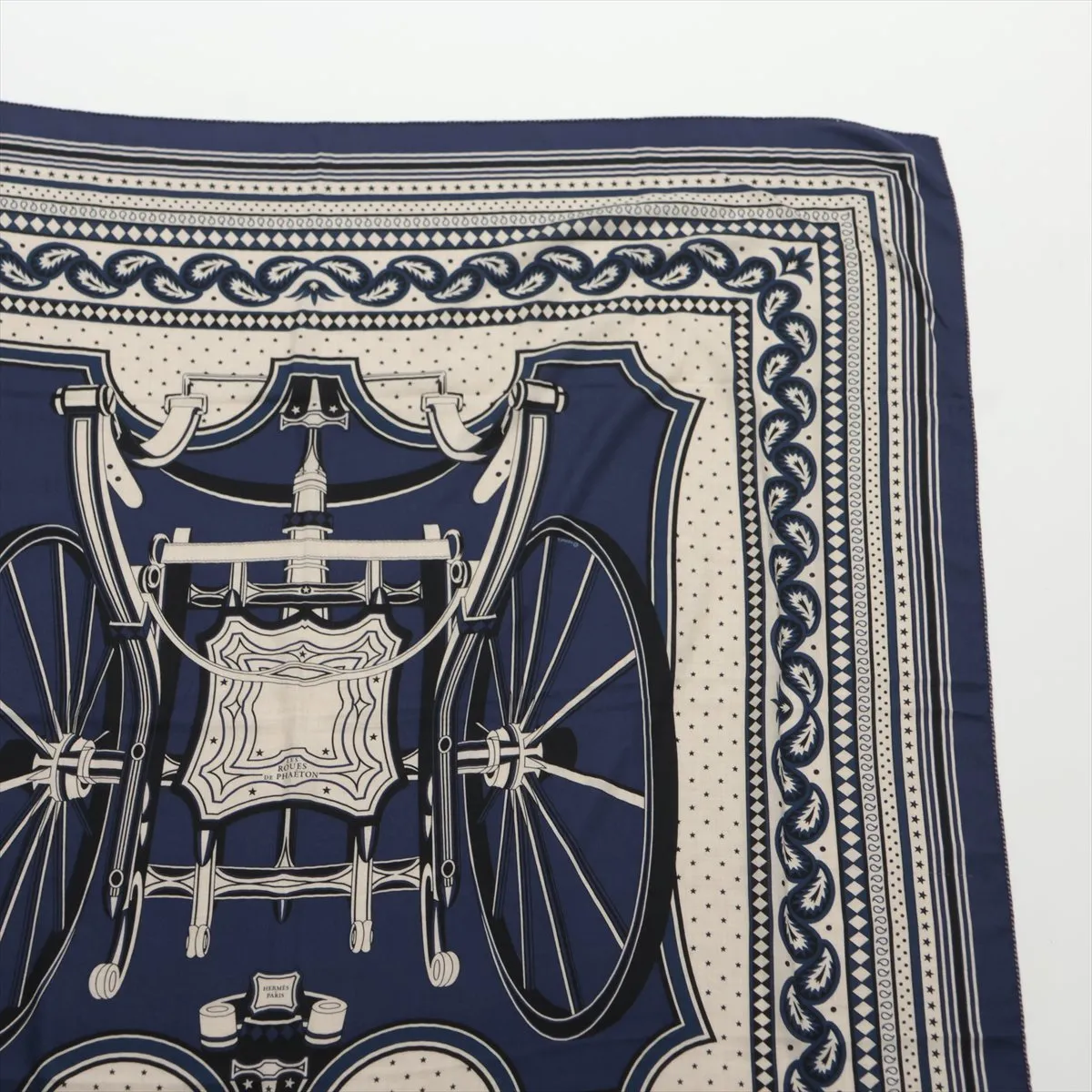 Carré Géant LES ROUES DE PHAETON (Four-wheeled carriage) stole, cashmere x silk, navy. Some wear, snags, loose threads, and fragrance odor. — view 3