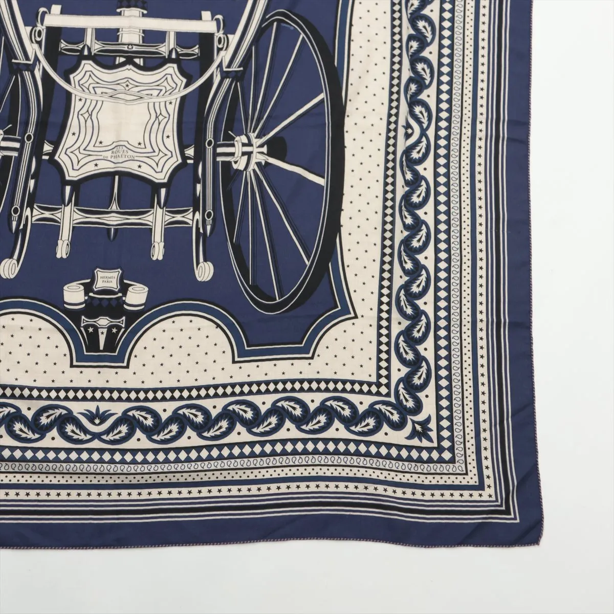Carré Géant LES ROUES DE PHAETON (Four-wheeled carriage) stole, cashmere x silk, navy. Some wear, snags, loose threads, and fragrance odor. — view 4