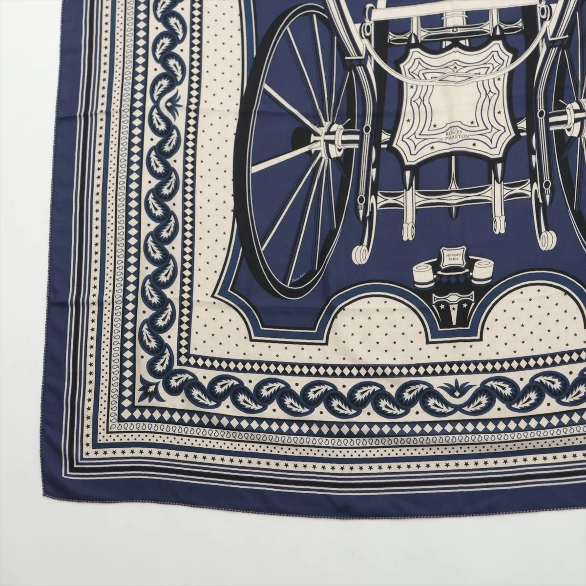 Carré Géant LES ROUES DE PHAETON (Four-wheeled carriage) stole, cashmere x silk, navy. Some wear, snags, loose threads, and fragrance odor. — view 5