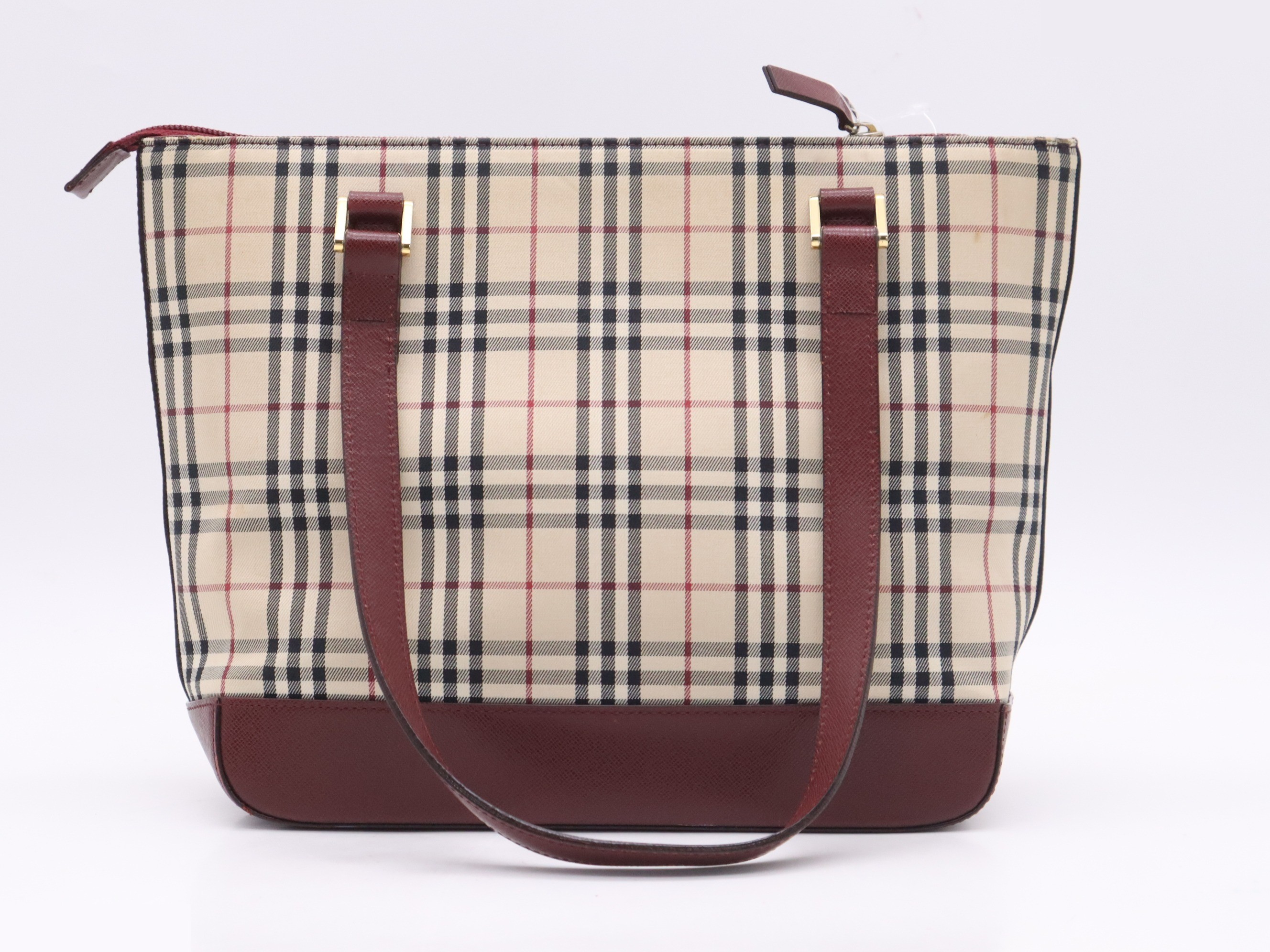 Canvas and leather Nova Check tote bag, red, gold hardware. — view 2