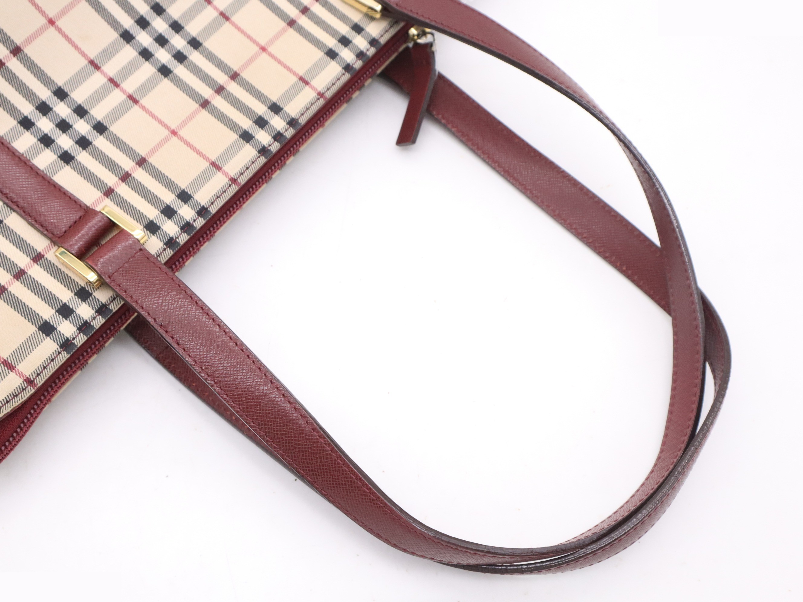 Canvas and leather Nova Check tote bag, red, gold hardware. — view 6