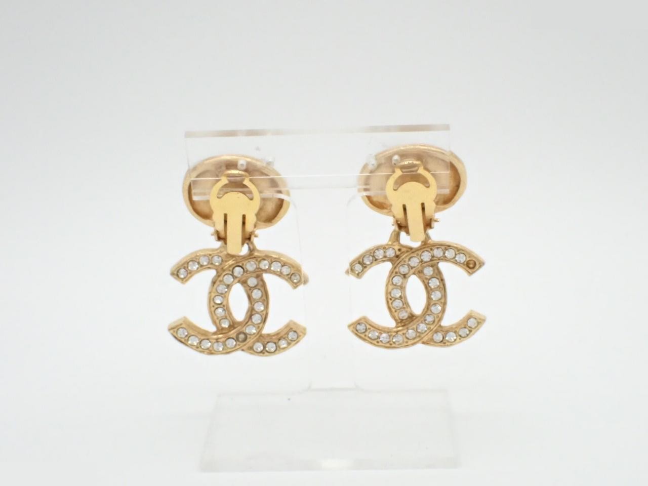 Earrings, GP (Gold Plated), 30.4g, Coco Mark + Crystal, Box included. — view 2