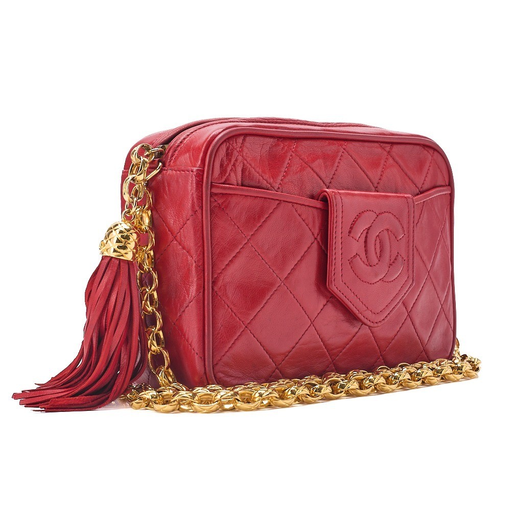 Lambskin Coco Mark Fringe Jewel Chain Shoulder Bag, Red, Gold Hardware, Series 1 — view 3