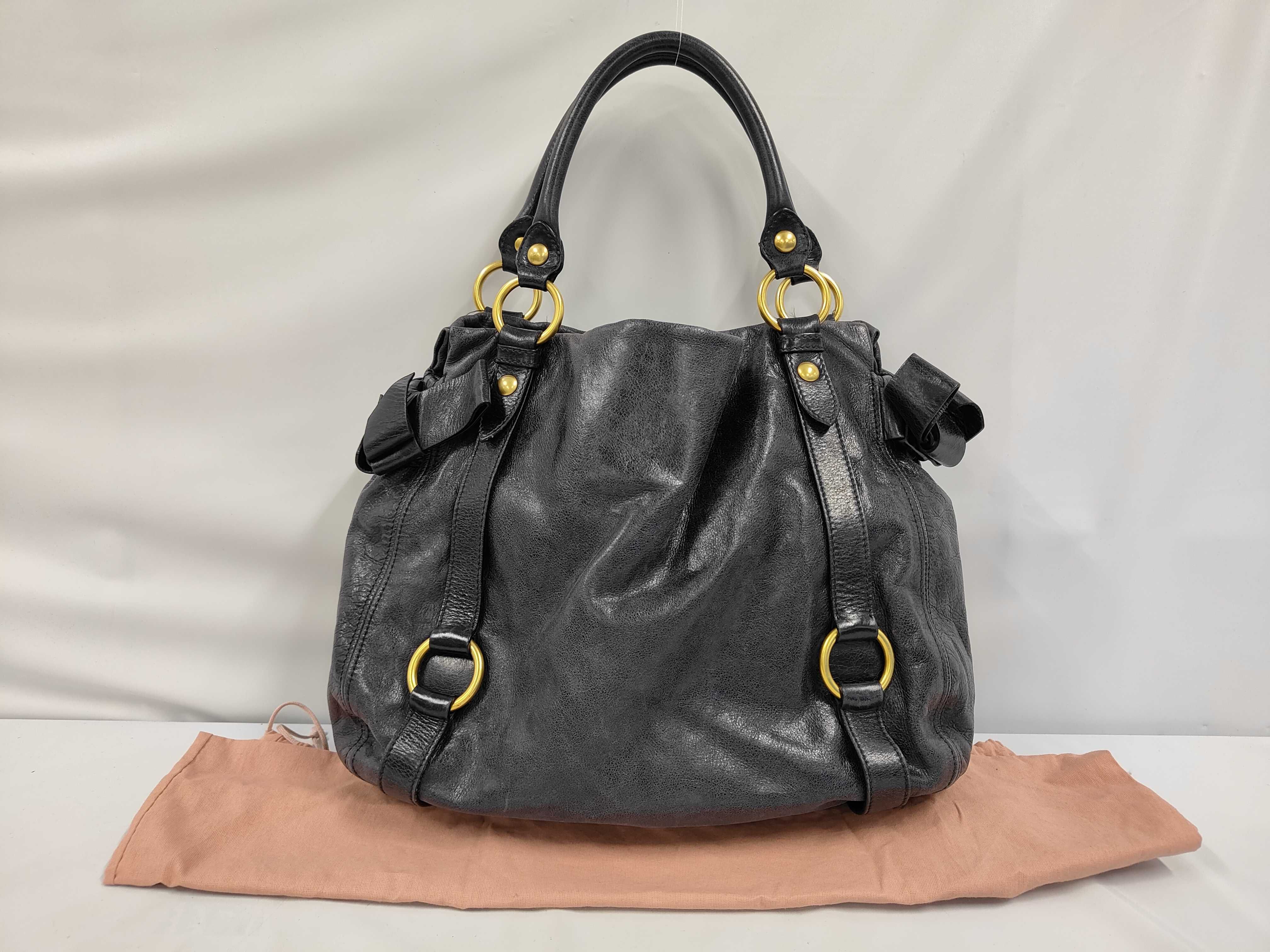 Ribbon Leather Handbag, Black with Gold Hardware, Shoulder Bag
