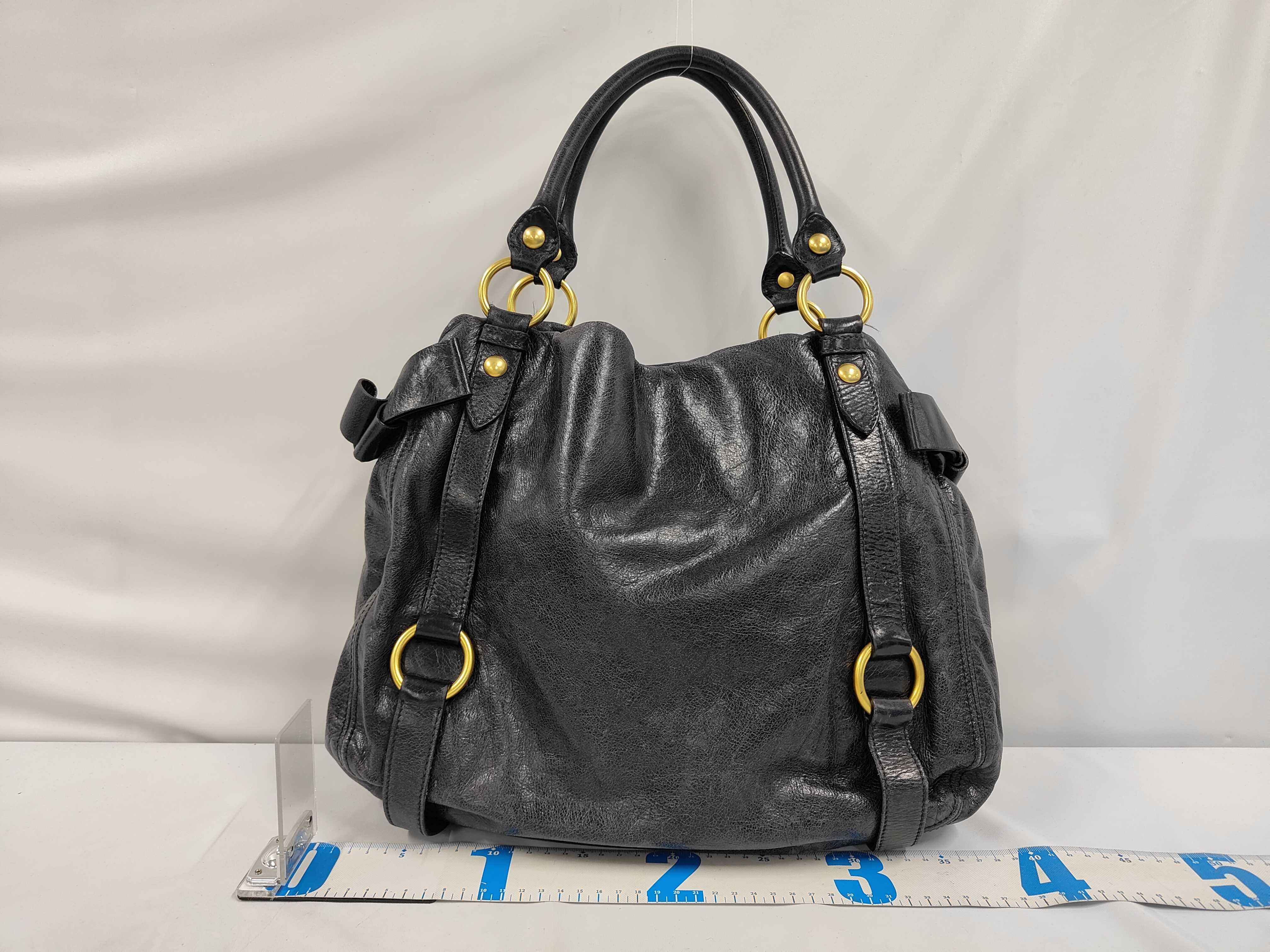 Ribbon Leather Handbag, Black with Gold Hardware, Shoulder Bag — view 2
