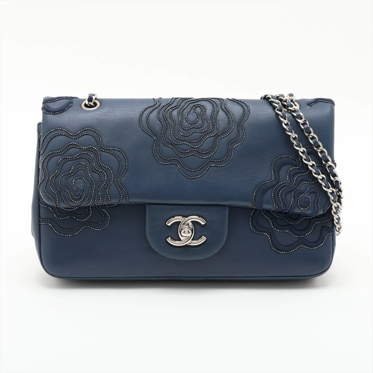 Camellia Lambskin Single Flap Double Chain Bag, Navy, Silver Hardware, 16514600, Serial Number 16