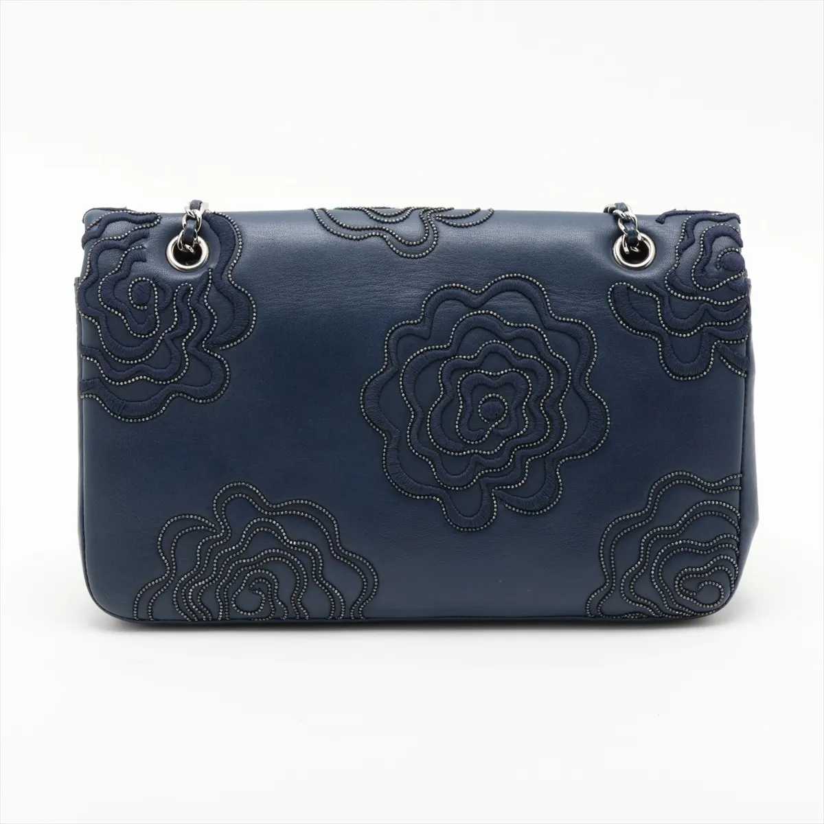 Camellia Lambskin Single Flap Double Chain Bag, Navy, Silver Hardware, 16514600, Serial Number 16 — view 2