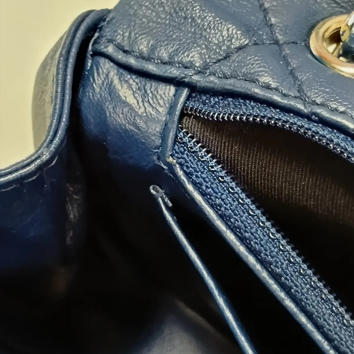 Camellia Lambskin Single Flap Double Chain Bag, Navy, Silver Hardware, 16514600, Serial Number 16 — view 11