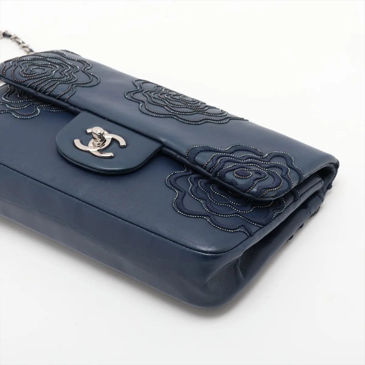 Camellia Lambskin Single Flap Double Chain Bag, Navy, Silver Hardware, 16514600, Serial Number 16 — view 3