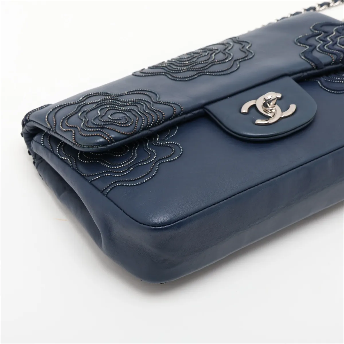 Camellia Lambskin Single Flap Double Chain Bag, Navy, Silver Hardware, 16514600, Serial Number 16 — view 4