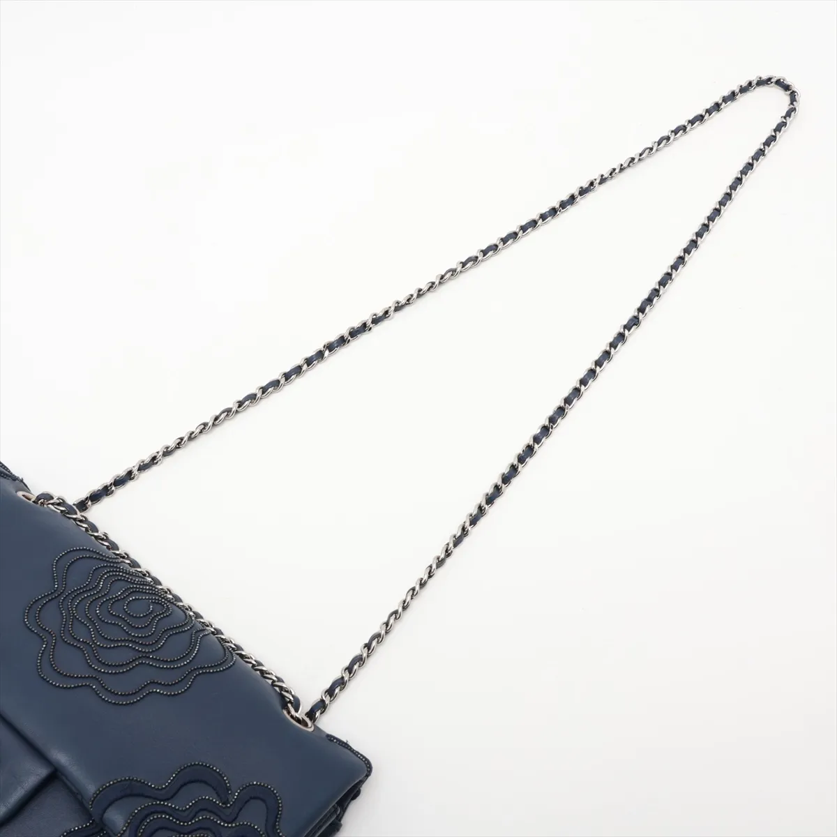 Camellia Lambskin Single Flap Double Chain Bag, Navy, Silver Hardware, 16514600, Serial Number 16 — view 5