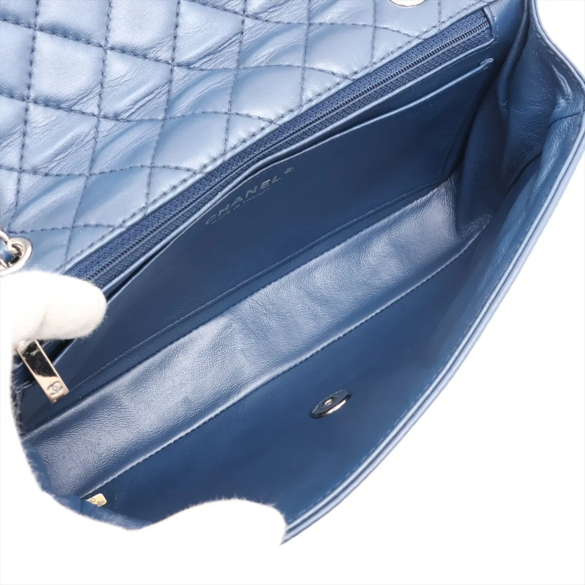 Camellia Lambskin Single Flap Double Chain Bag, Navy, Silver Hardware, 16514600, Serial Number 16 — view 6