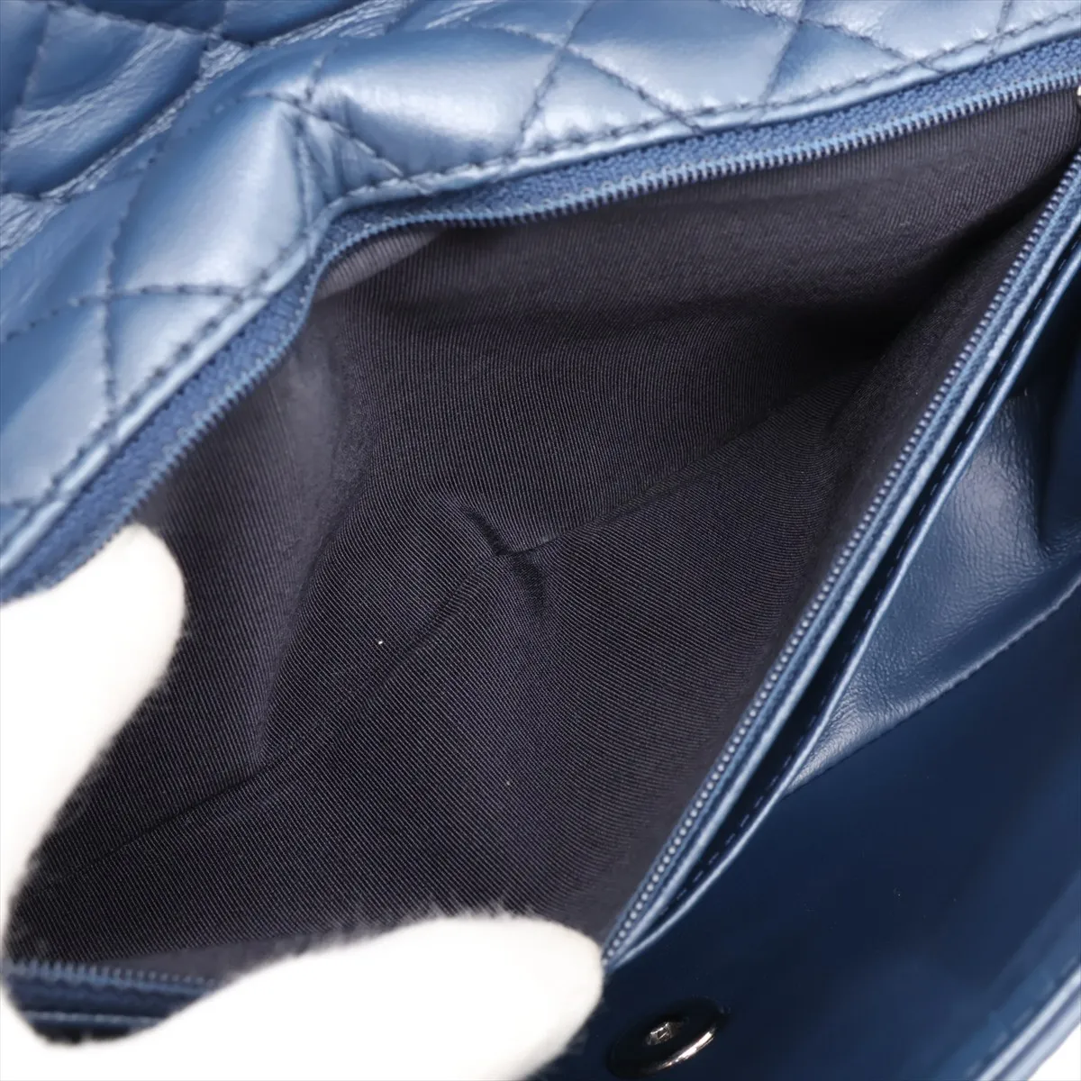 Camellia Lambskin Single Flap Double Chain Bag, Navy, Silver Hardware, 16514600, Serial Number 16 — view 7